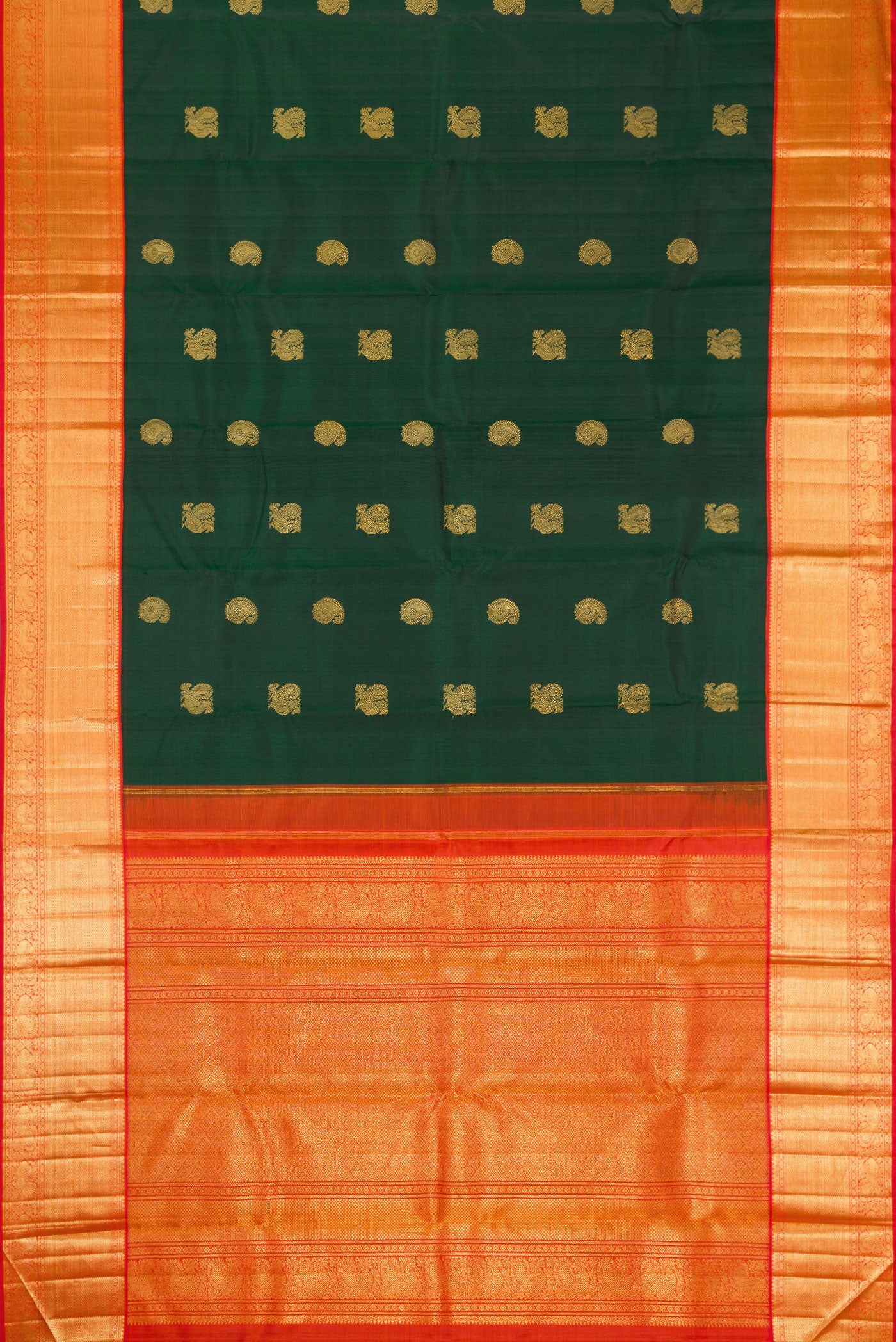 Flat view of Green Dual Tone Kanchipuram Silk Saree with Zari Butta on the body and Zari Border. 