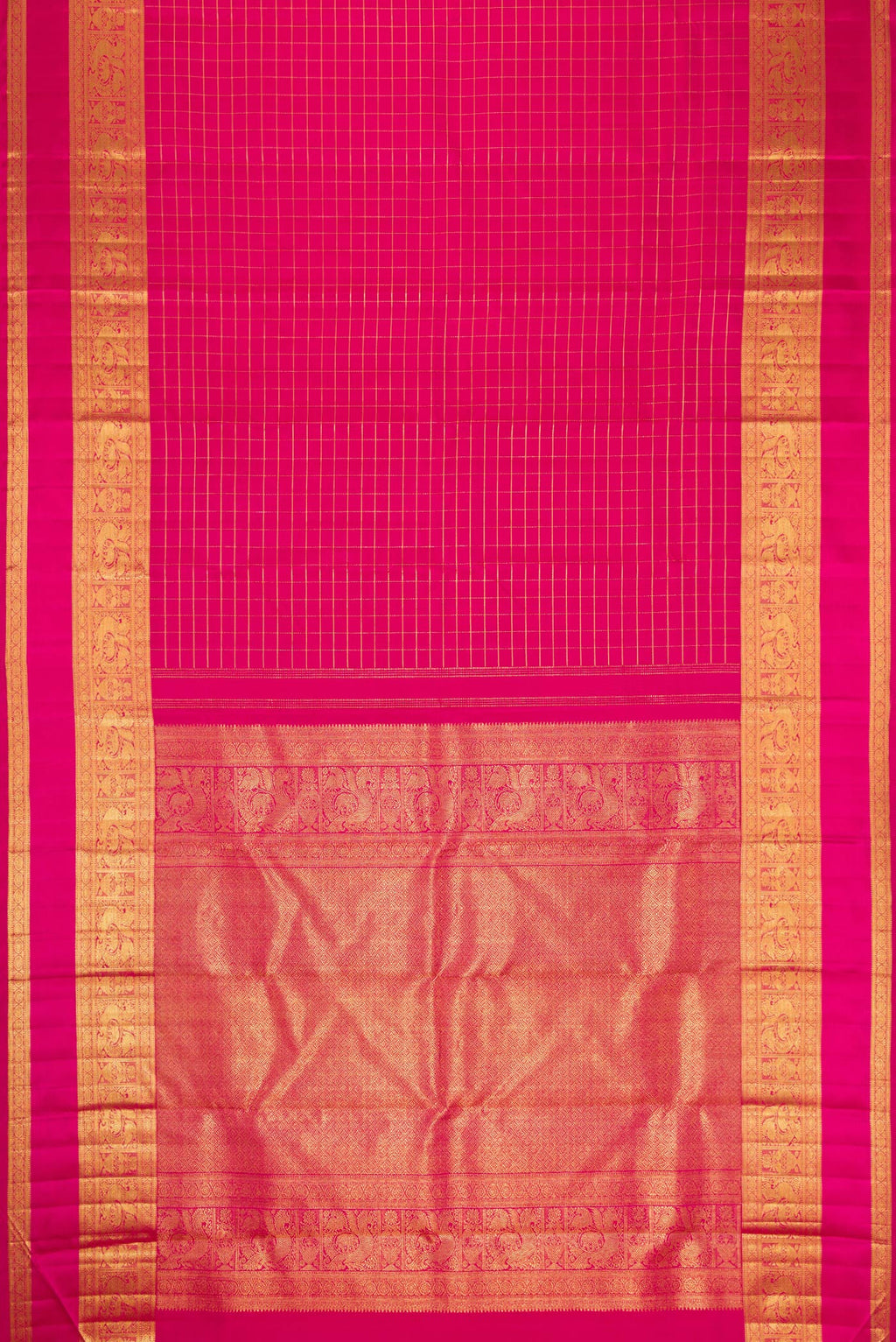 Flat view of Pink Dual Tone Kanchipuram Silk Saree with Zari Butta on the body and Zari Border. 