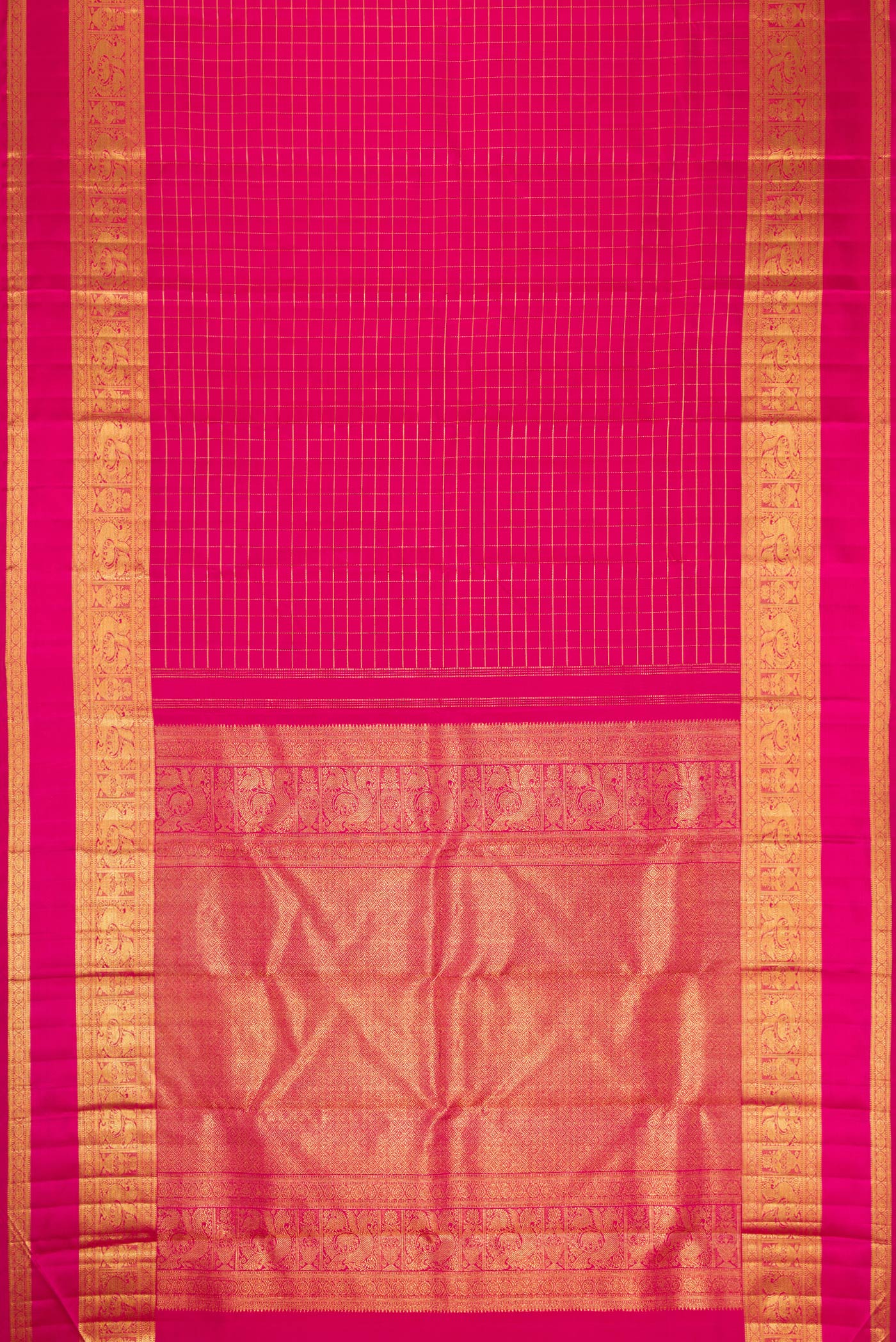 Flat view of Pink Dual Tone Kanchipuram Silk Saree with Zari Butta on the body and Zari Border. 