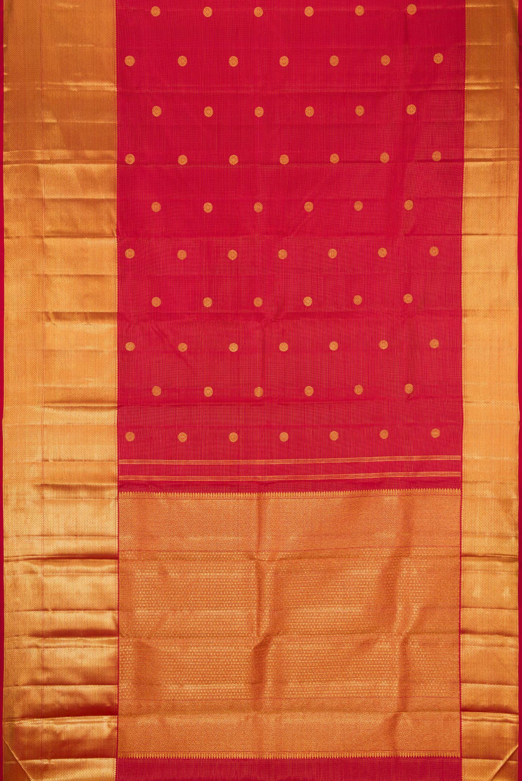Flat view of Maroon Dual Tone Kanchipuram Silk Saree with Zari Butta on the body and Zari Border. 