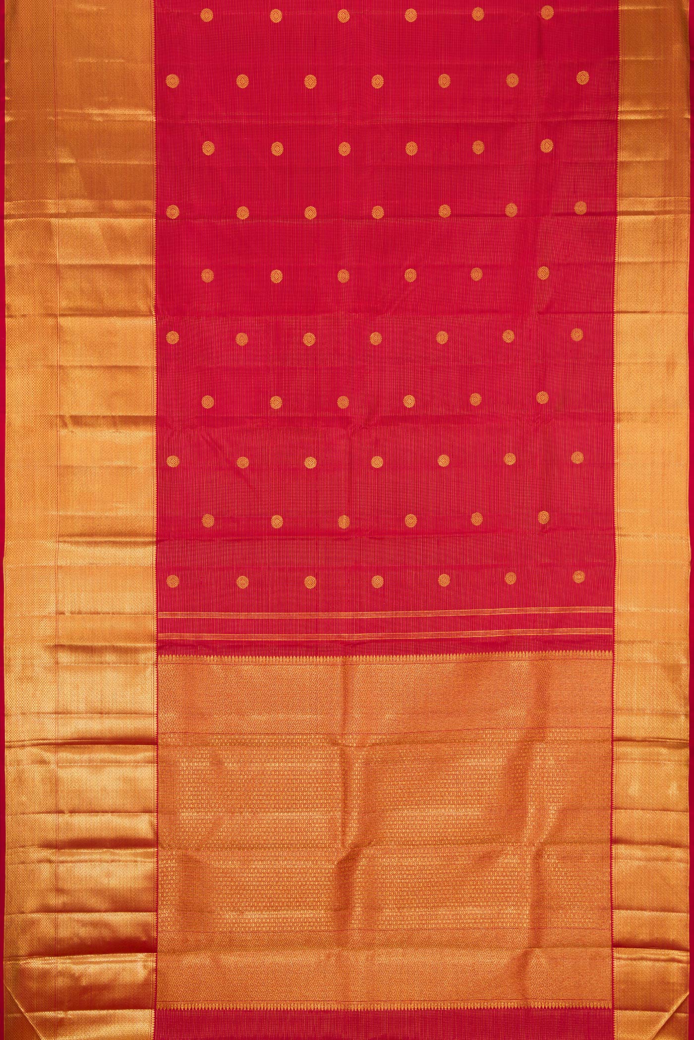 Flat view of Maroon Dual Tone Kanchipuram Silk Saree with Zari Butta on the body and Zari Border. 