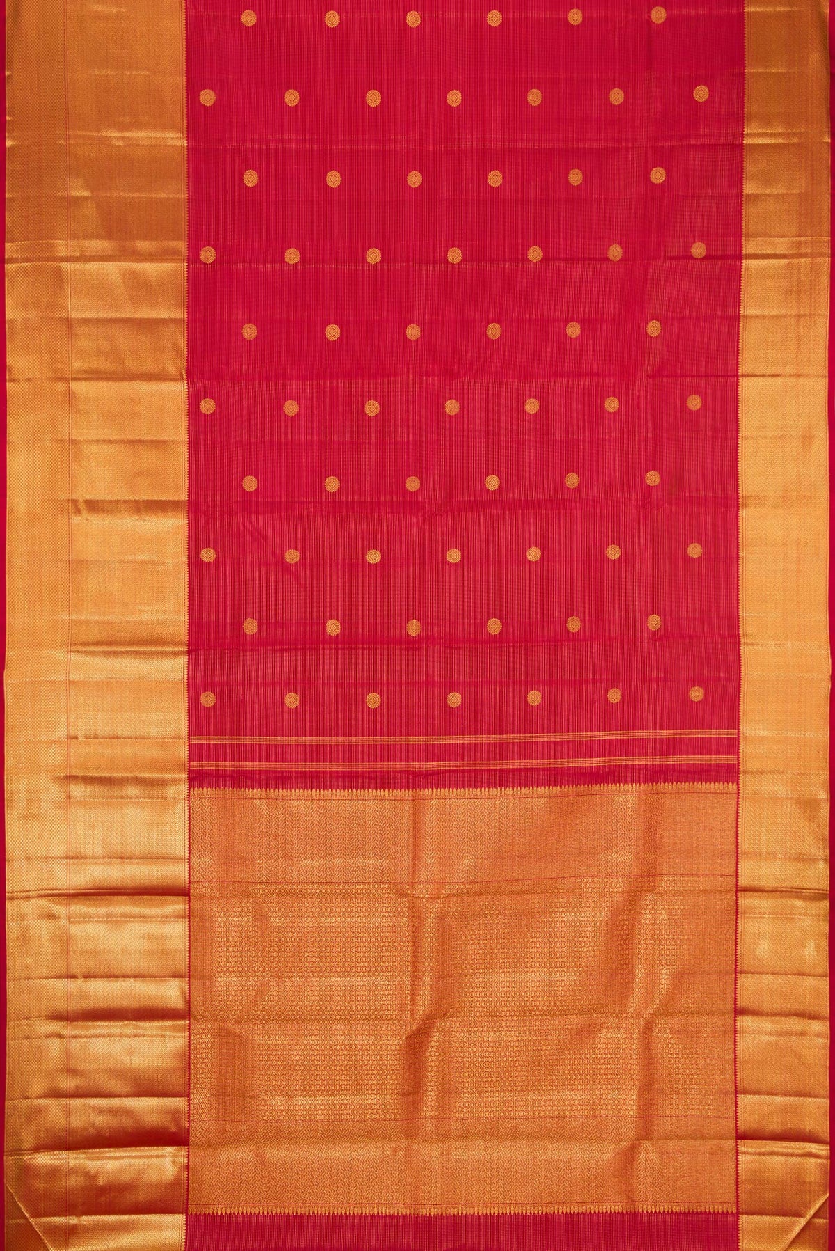 Flat view of Maroon Dual Tone Kanchipuram Silk Saree with Zari Butta on the body and Zari Border. 