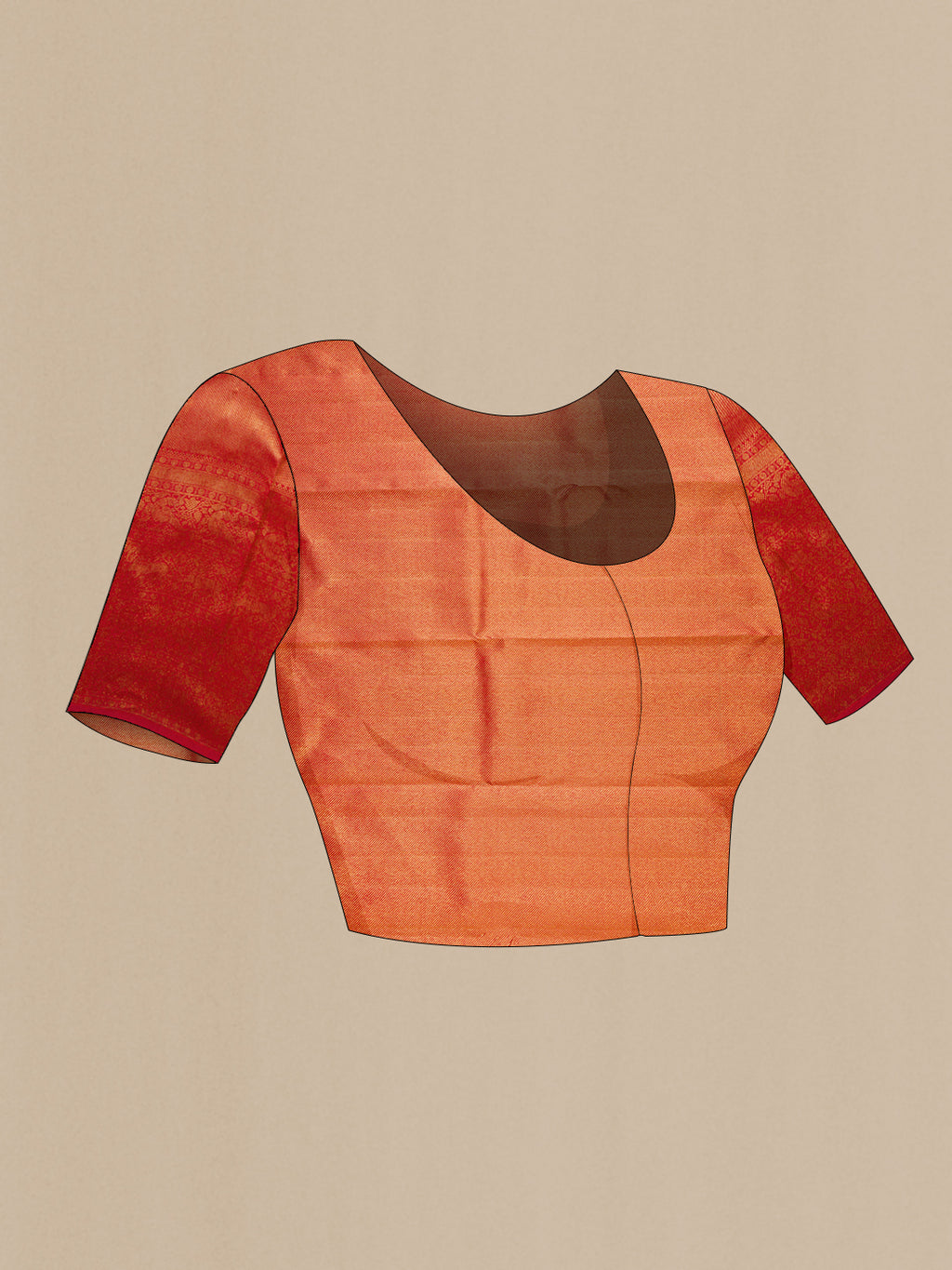 Close up image of the blouse of Red Dual Tone Kanchipuram Silk Saree with Zari Brocade on the body and Zari Border. 