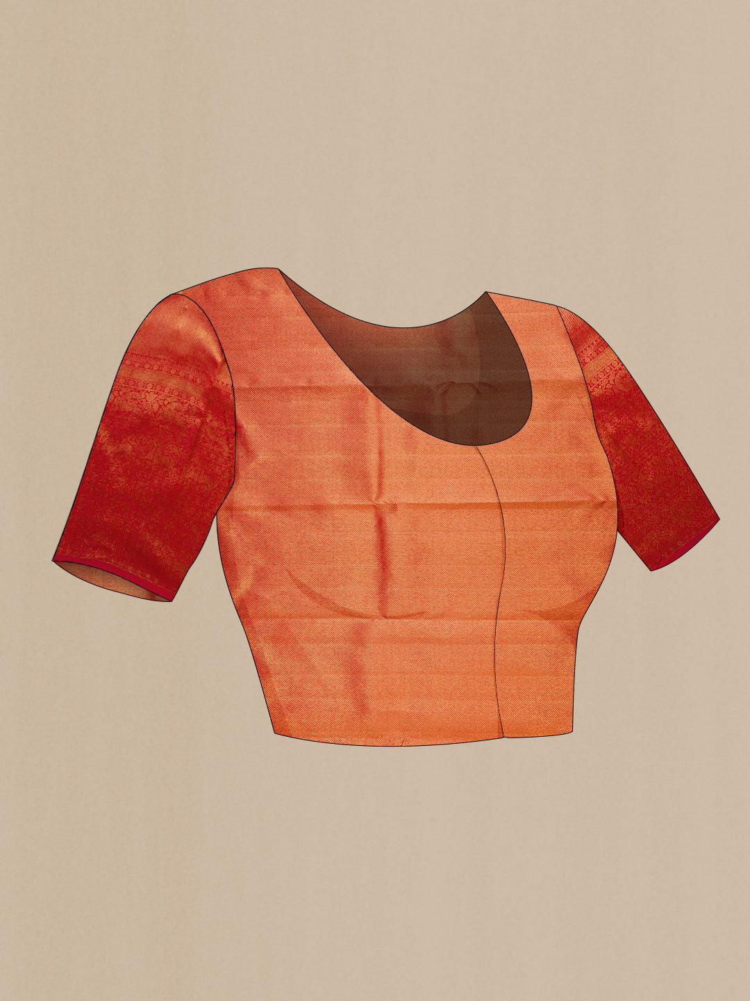 Close up image of the blouse of Red Dual Tone Kanchipuram Silk Saree with Zari Brocade on the body and Zari Border. 