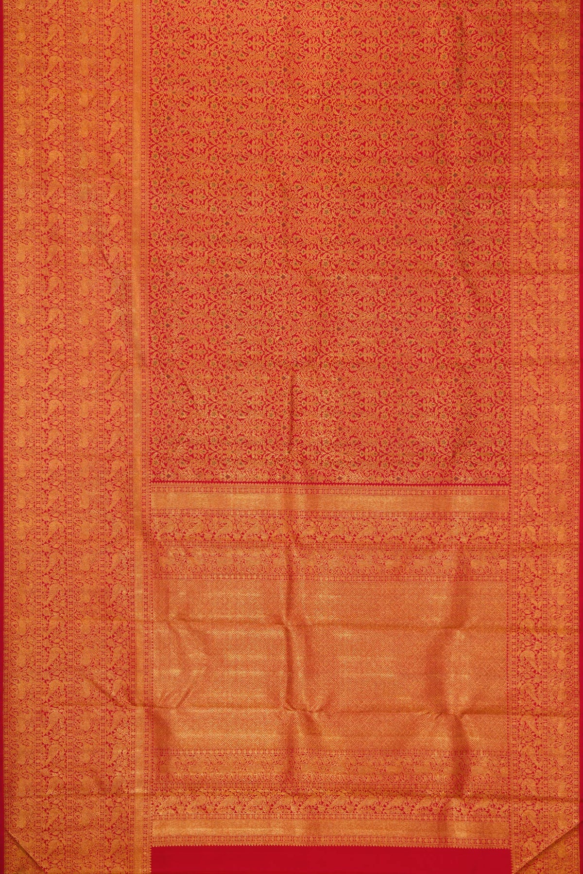 Flat view of Red Dual Tone Kanchipuram Silk Saree with Zari Brocade on the body and Zari Border. 