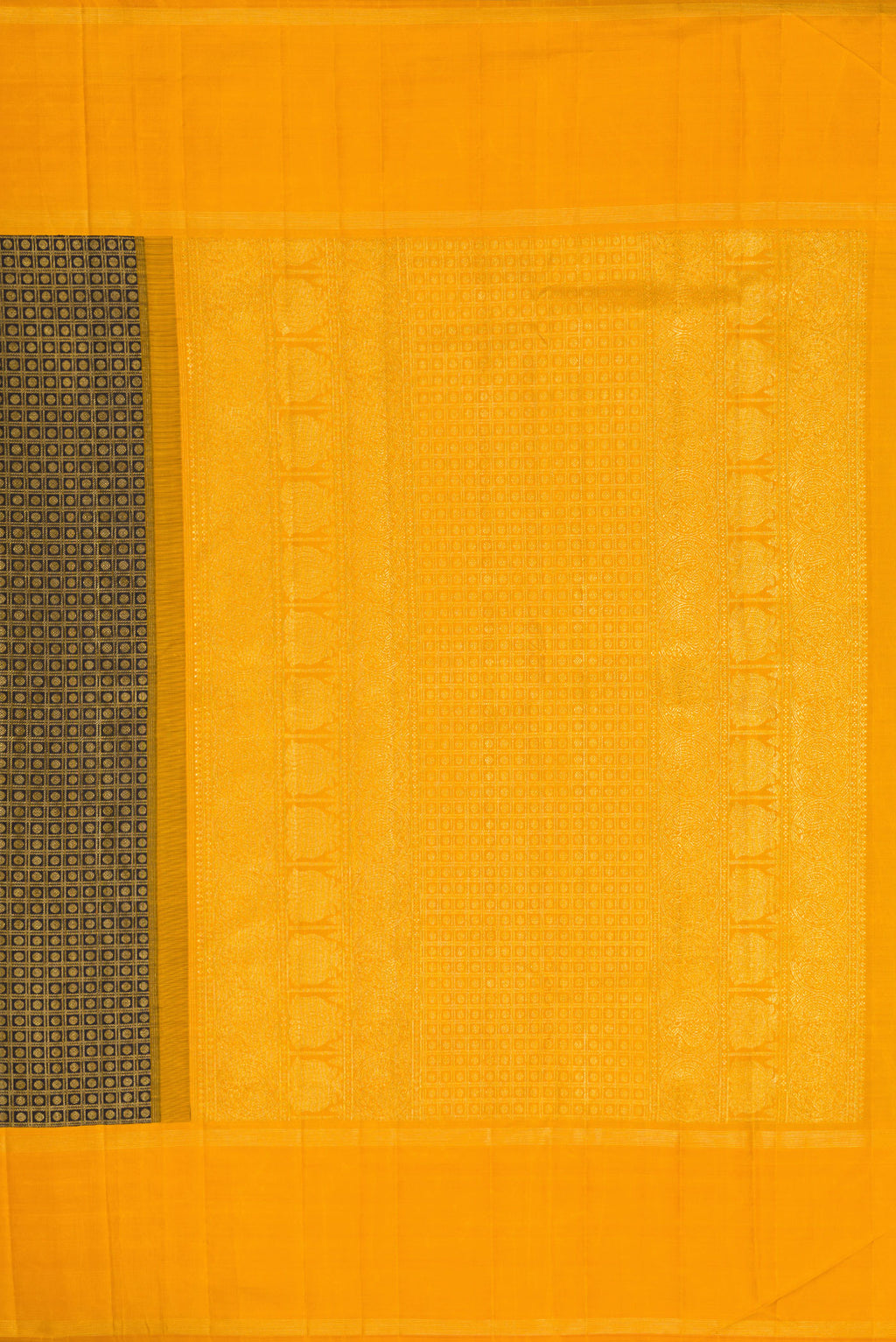 Close up image of the pallu of Black Dual Tone Kanchipuram Silk Saree with Zari Brocade on the body and Zari Border. 