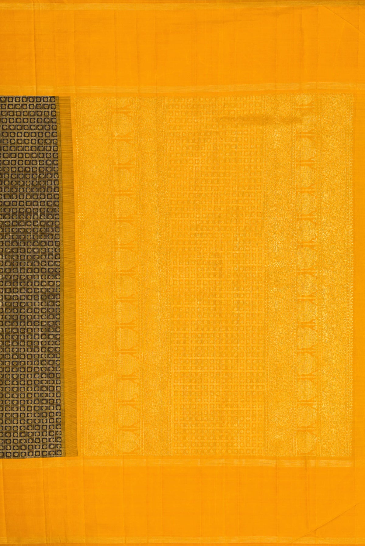 Close up image of the pallu of Black Dual Tone Kanchipuram Silk Saree with Zari Brocade on the body and Zari Border. 