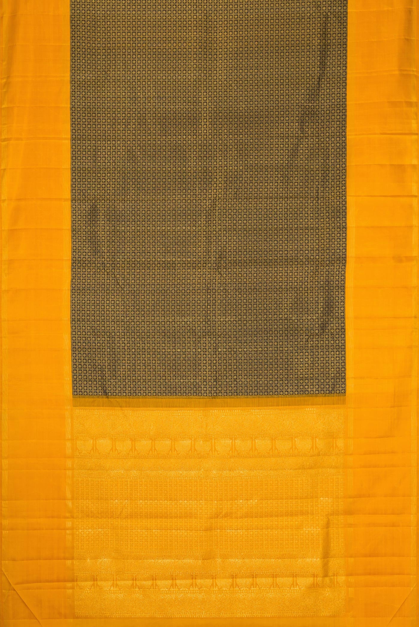 Flat view of Black Dual Tone Kanchipuram Silk Saree with Zari Brocade on the body and Zari Border. 