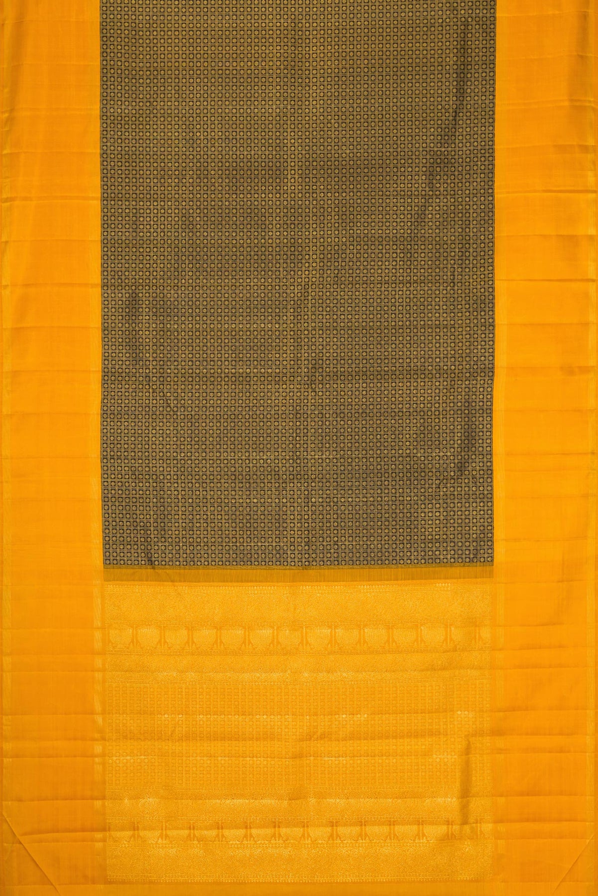 Flat view of Black Dual Tone Kanchipuram Silk Saree with Zari Brocade on the body and Zari Border. 