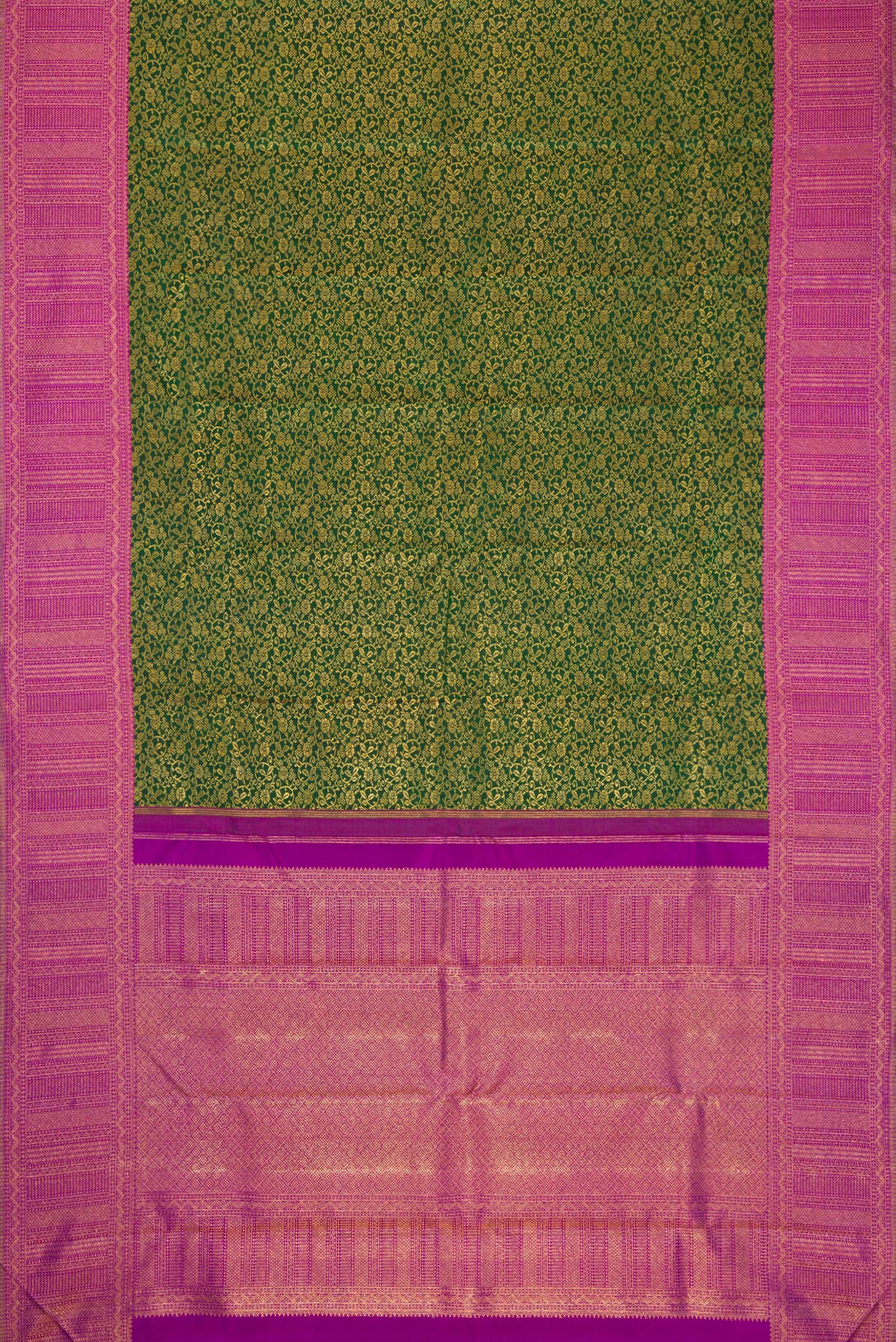 Flat view of Bottle Green Dual Tone Kanchipuram Silk Saree with Zari Brocade on the body and Fancy Border. 