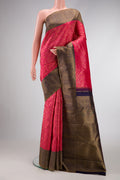 Dark Pink Dual Tone Kanchipuram Silk Saree with Zari Brocade on the body and Zari Border.  displayed on a mannequin