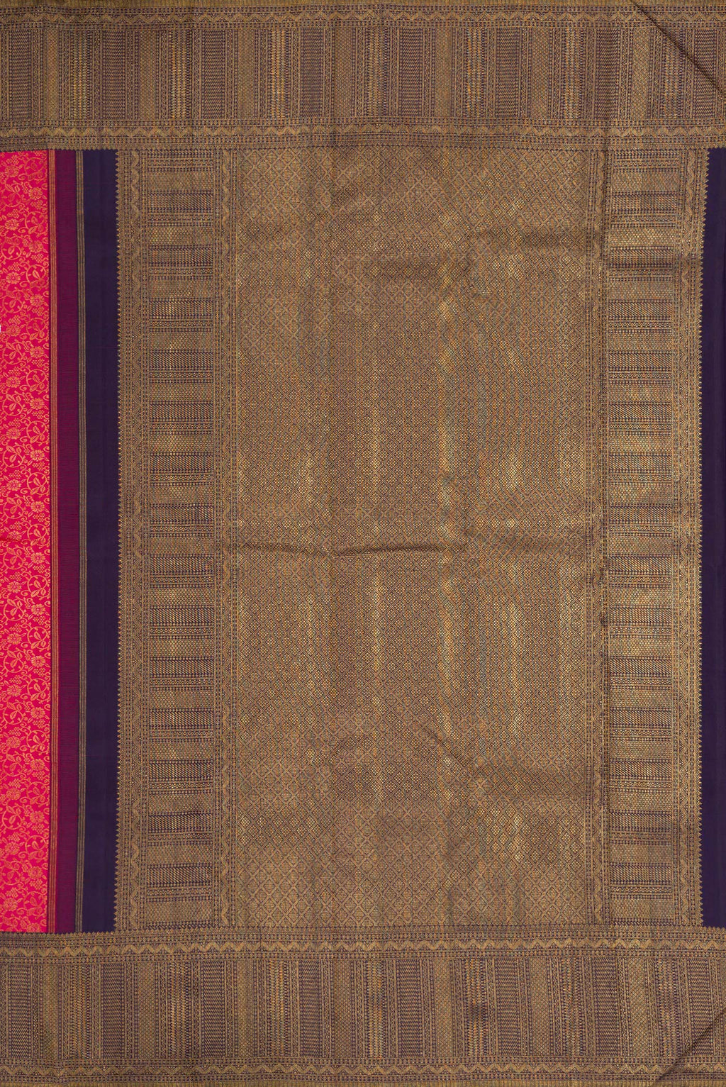 Close up image of the pallu of Dark Pink Dual Tone Kanchipuram Silk Saree with Zari Brocade on the body and Zari Border. 