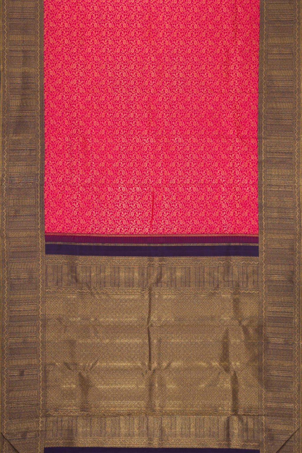 Flat view of Dark Pink Dual Tone Kanchipuram Silk Saree with Zari Brocade on the body and Zari Border. 