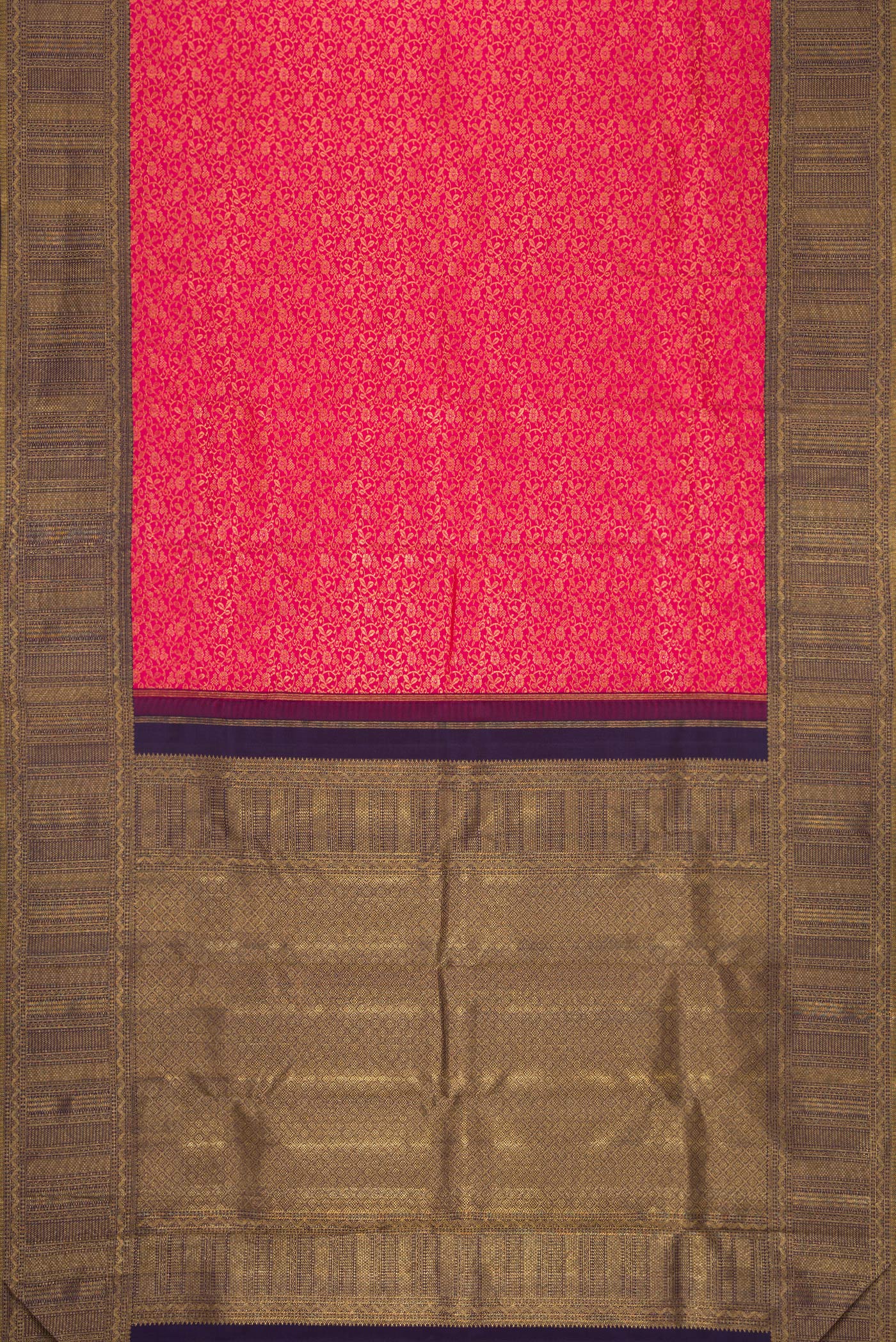 Flat view of Dark Pink Dual Tone Kanchipuram Silk Saree with Zari Brocade on the body and Zari Border. 