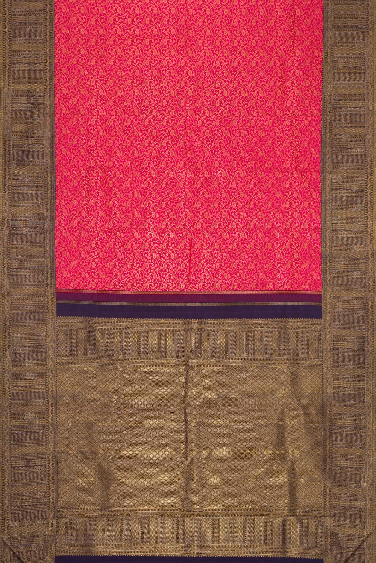 Flat view of Dark Pink Dual Tone Kanchipuram Silk Saree with Zari Brocade on the body and Zari Border. 