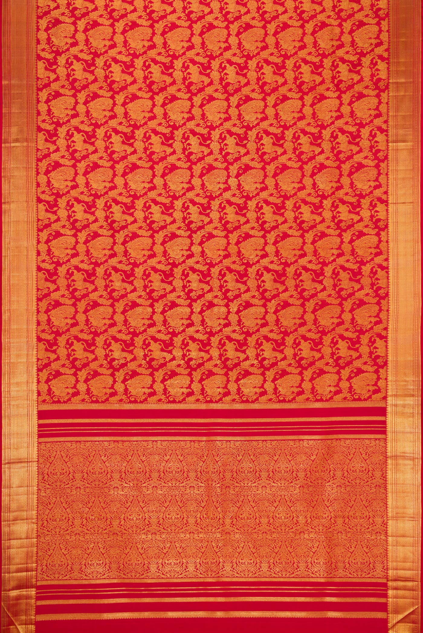 Flat view of Maroon Dual Tone Kanchipuram Silk Saree with Zari Brocade on the body and Zari Border. 