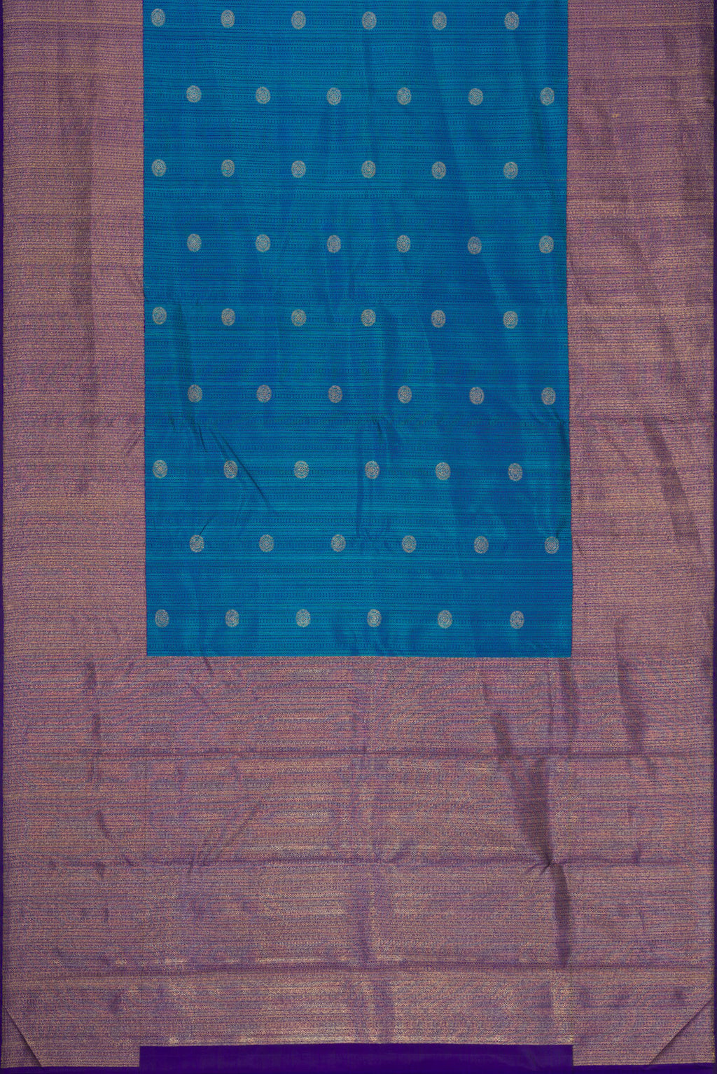 Flat view of Peacock Blue Dual Tone Kanchipuram Silk Saree with Jacquard With Zari Butta on the body and Zari Border. 