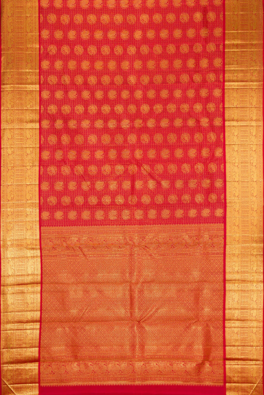 Flat view of Maroon Dual Tone Kanchipuram Silk Saree with Zari Brocade on the body and Zari Border. 