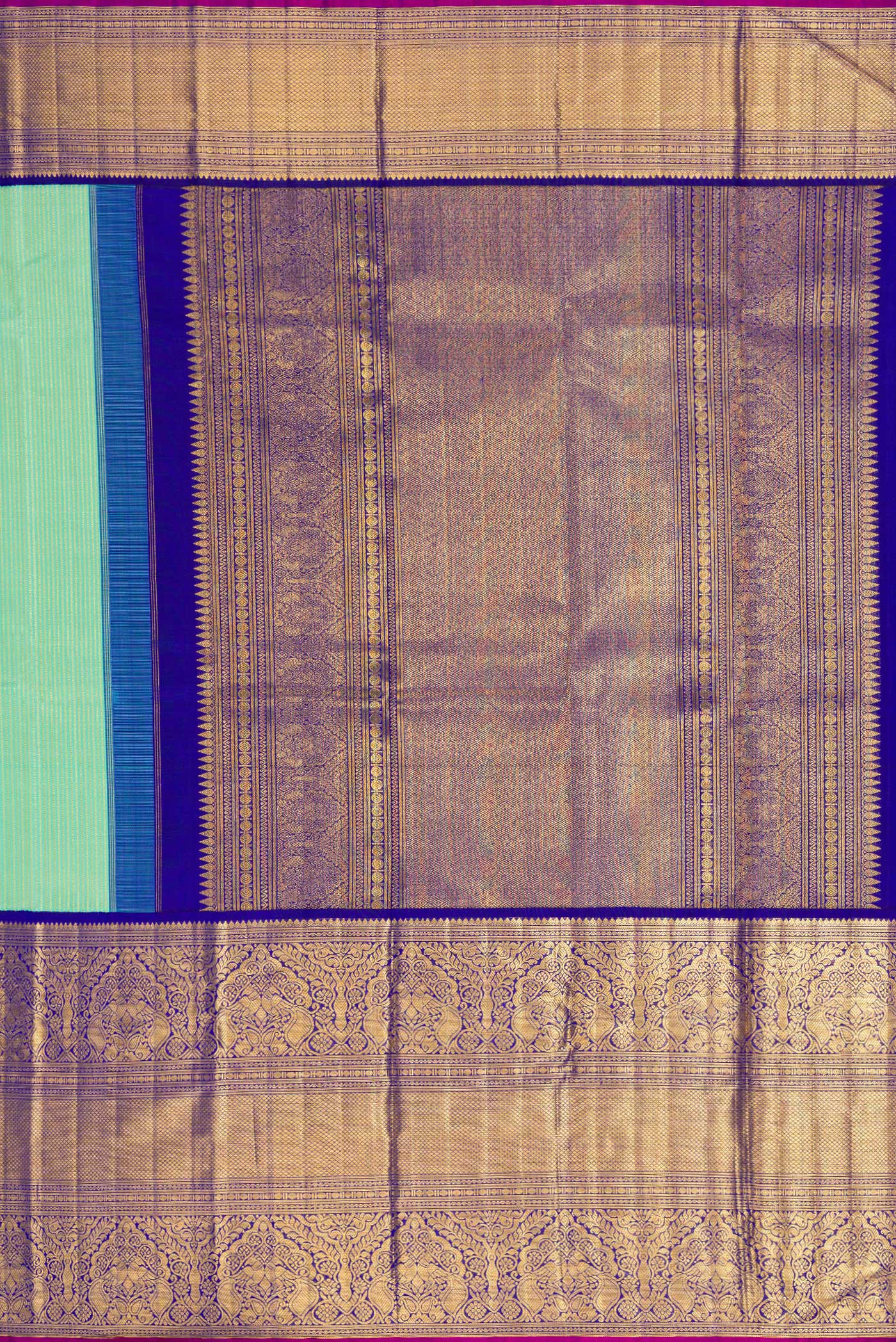 Close up image of the pallu of Pista Green Dual Tone Kanchipuram Silk Saree with Zari Brocade on the body and Zari Border. 