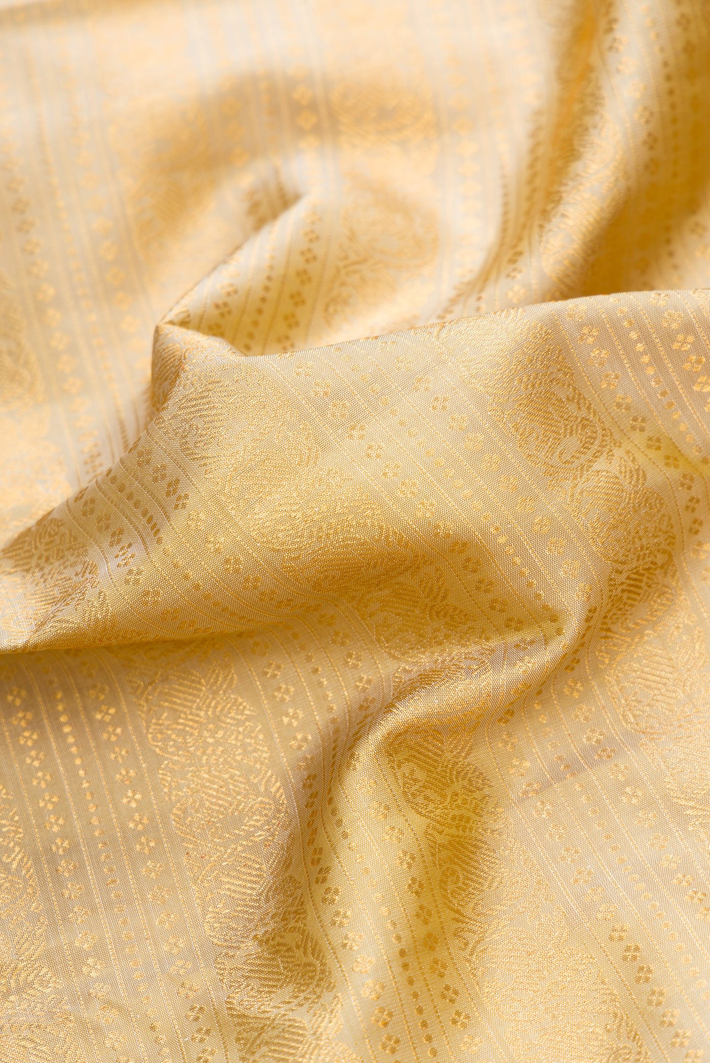 Close up of Beige Dual Tone Kanchipuram Silk Saree with Zari Brocade on the body and Zari Border.  displaying folds