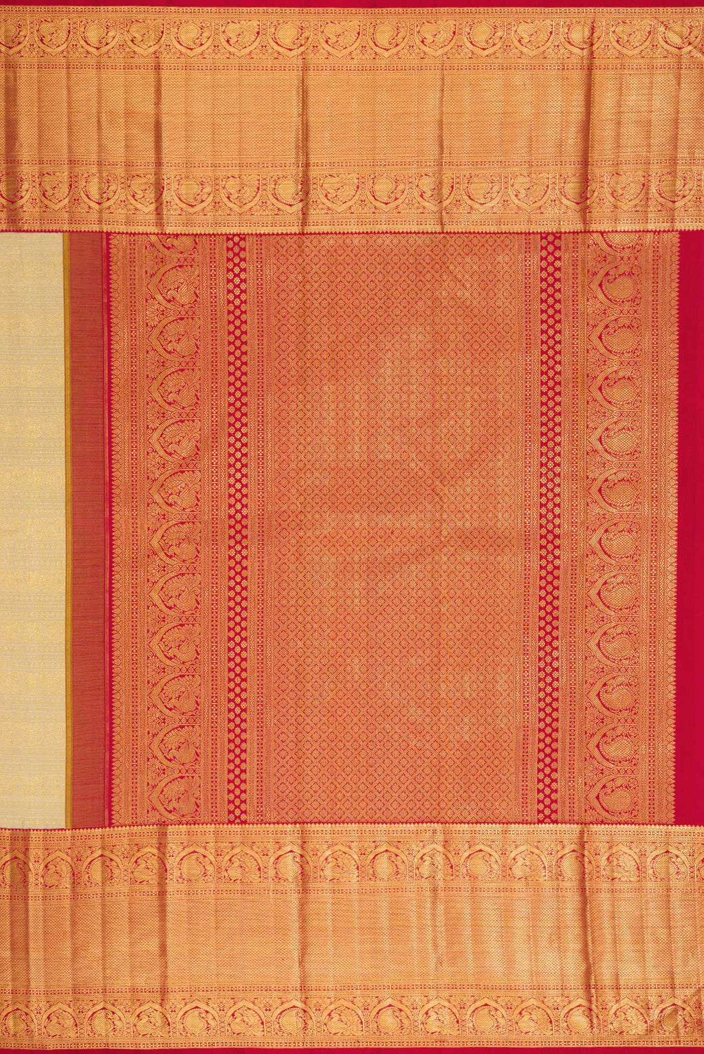 Close up image of the pallu of Beige Dual Tone Kanchipuram Silk Saree with Zari Brocade on the body and Zari Border. 