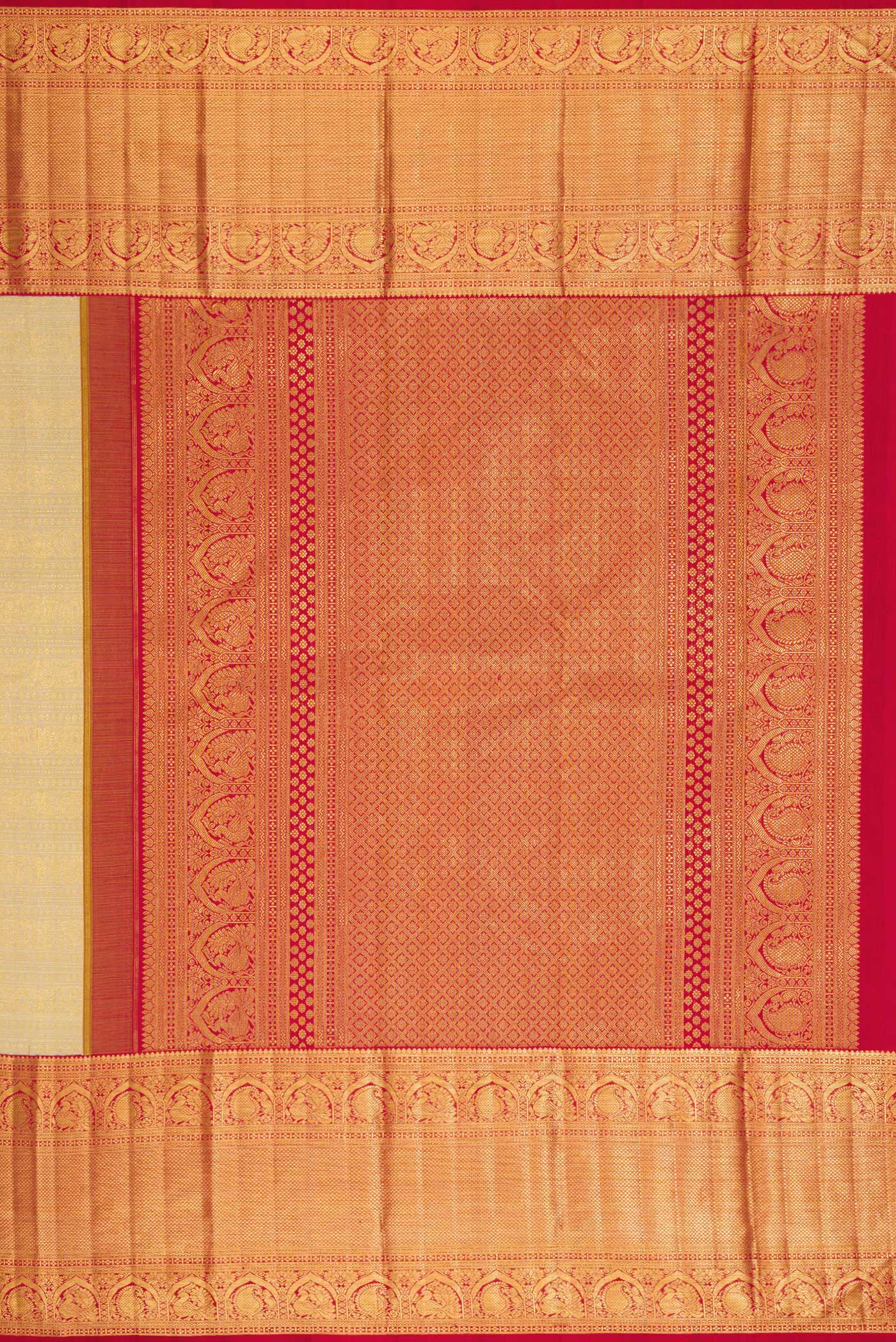 Close up image of the pallu of Beige Dual Tone Kanchipuram Silk Saree with Zari Brocade on the body and Zari Border. 