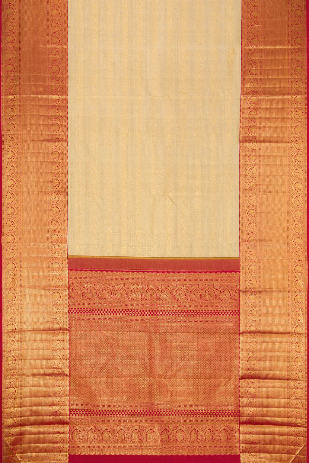 Flat view of Beige Dual Tone Kanchipuram Silk Saree with Zari Brocade on the body and Zari Border. 