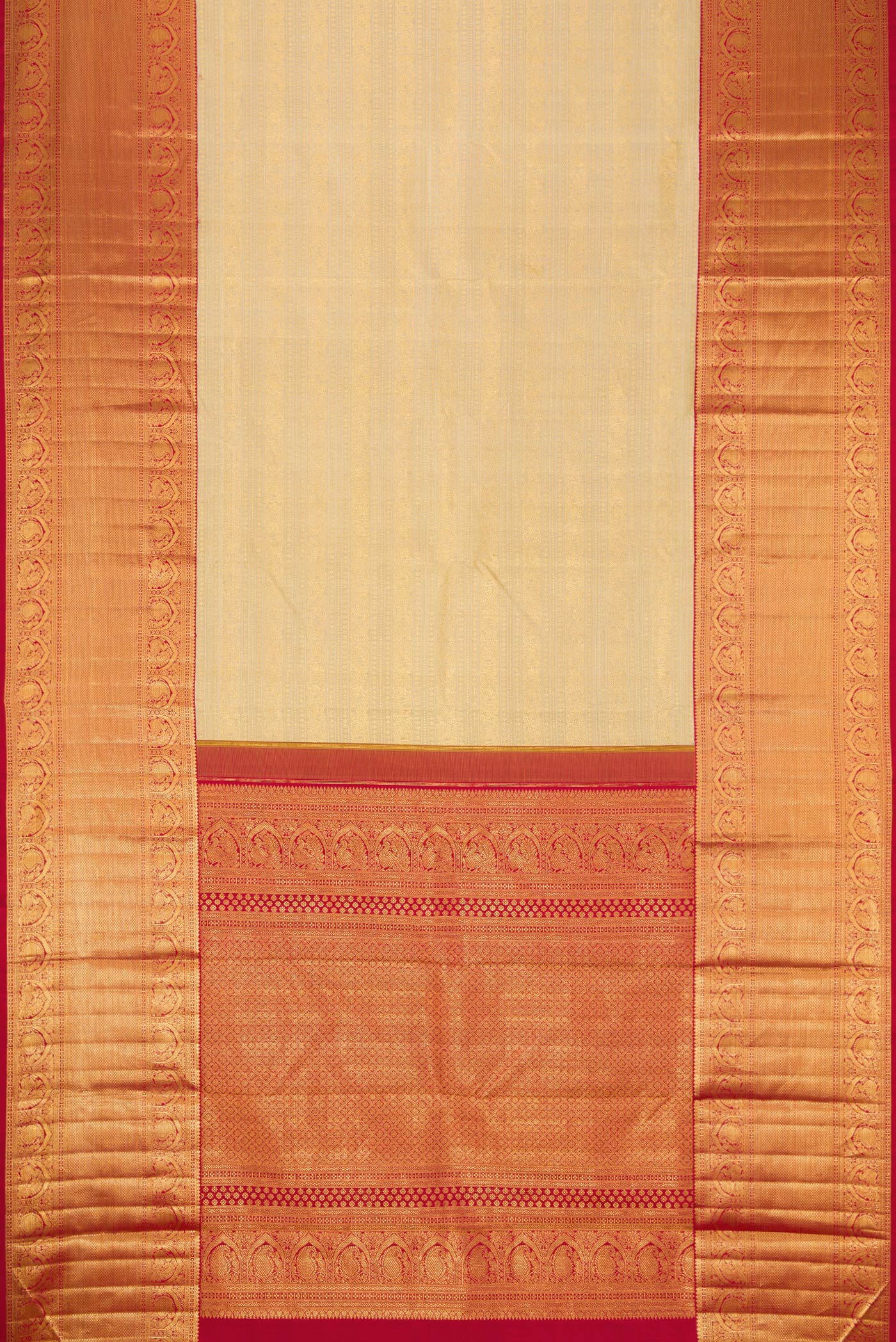 Flat view of Beige Dual Tone Kanchipuram Silk Saree with Zari Brocade on the body and Zari Border. 