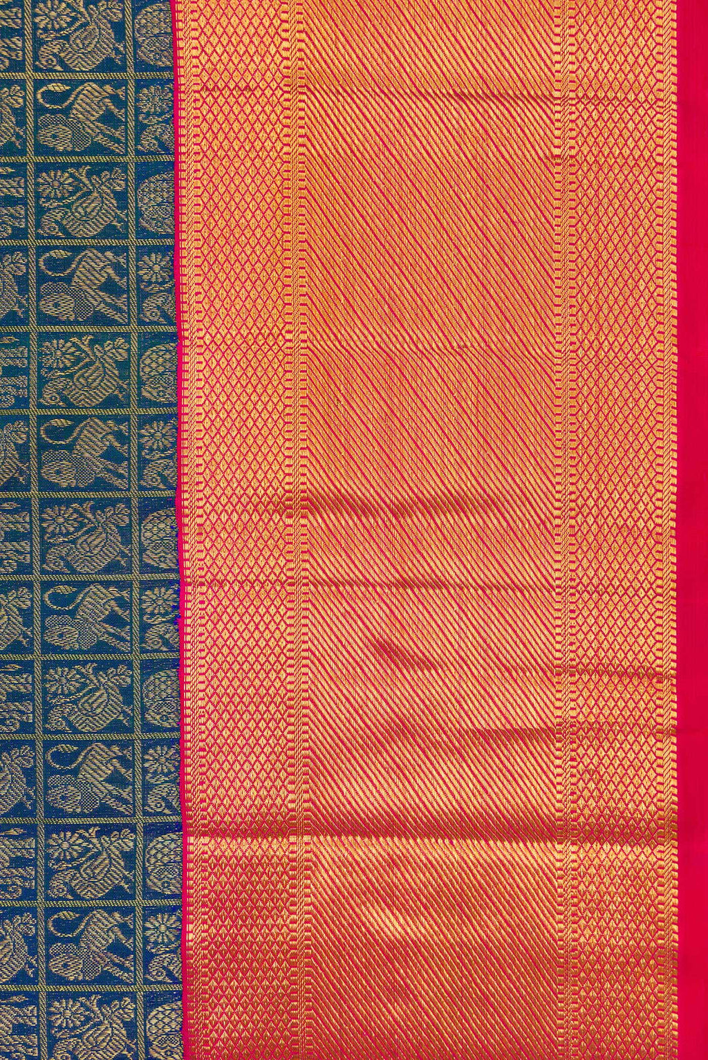Border image of Peacock Blue Dual Tone Kanchipuram Silk Saree with Zari Brocade on the body and Zari Border. 