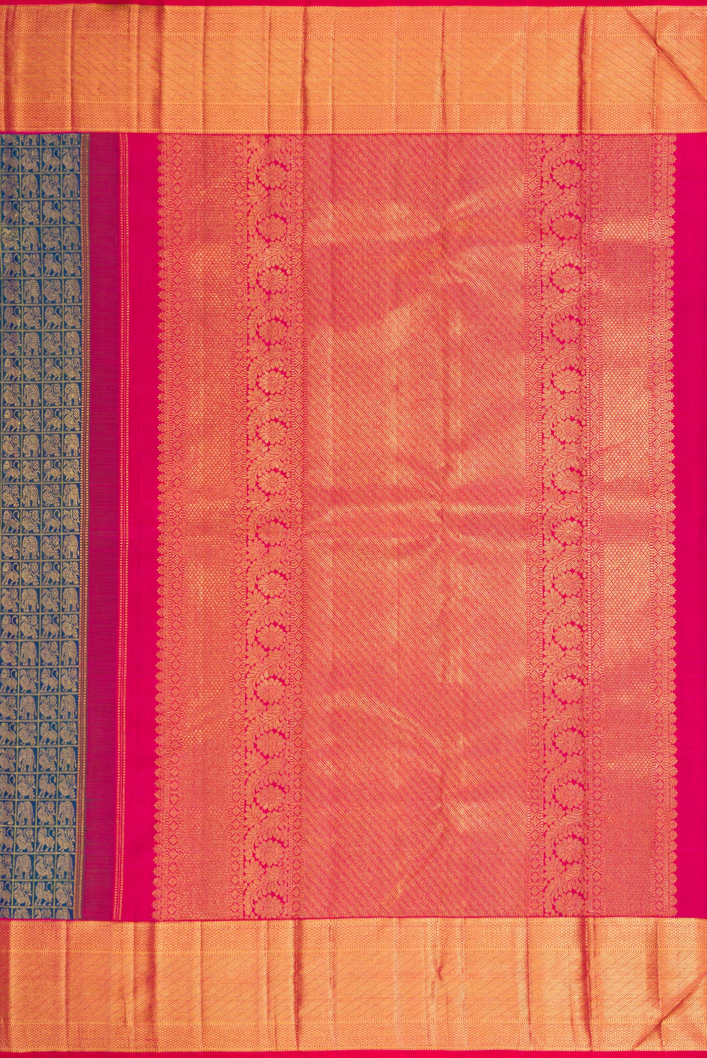Close up image of the pallu of Peacock Blue Dual Tone Kanchipuram Silk Saree with Zari Brocade on the body and Zari Border. 