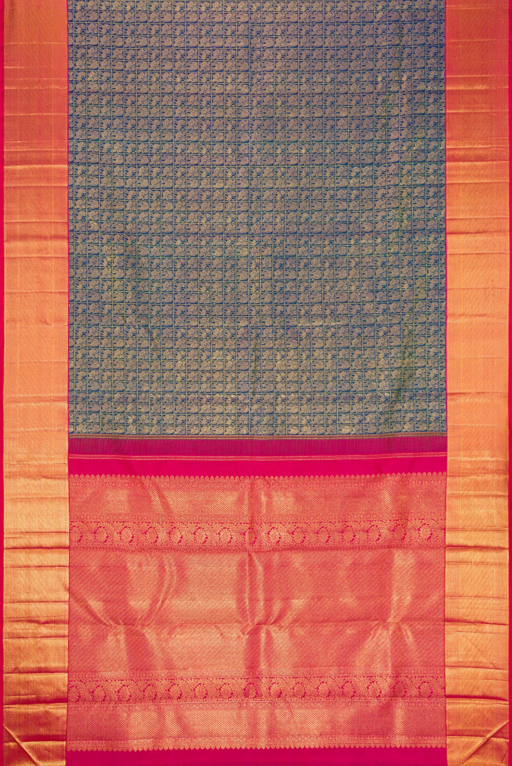 Flat view of Peacock Blue Dual Tone Kanchipuram Silk Saree with Zari Brocade on the body and Zari Border. 