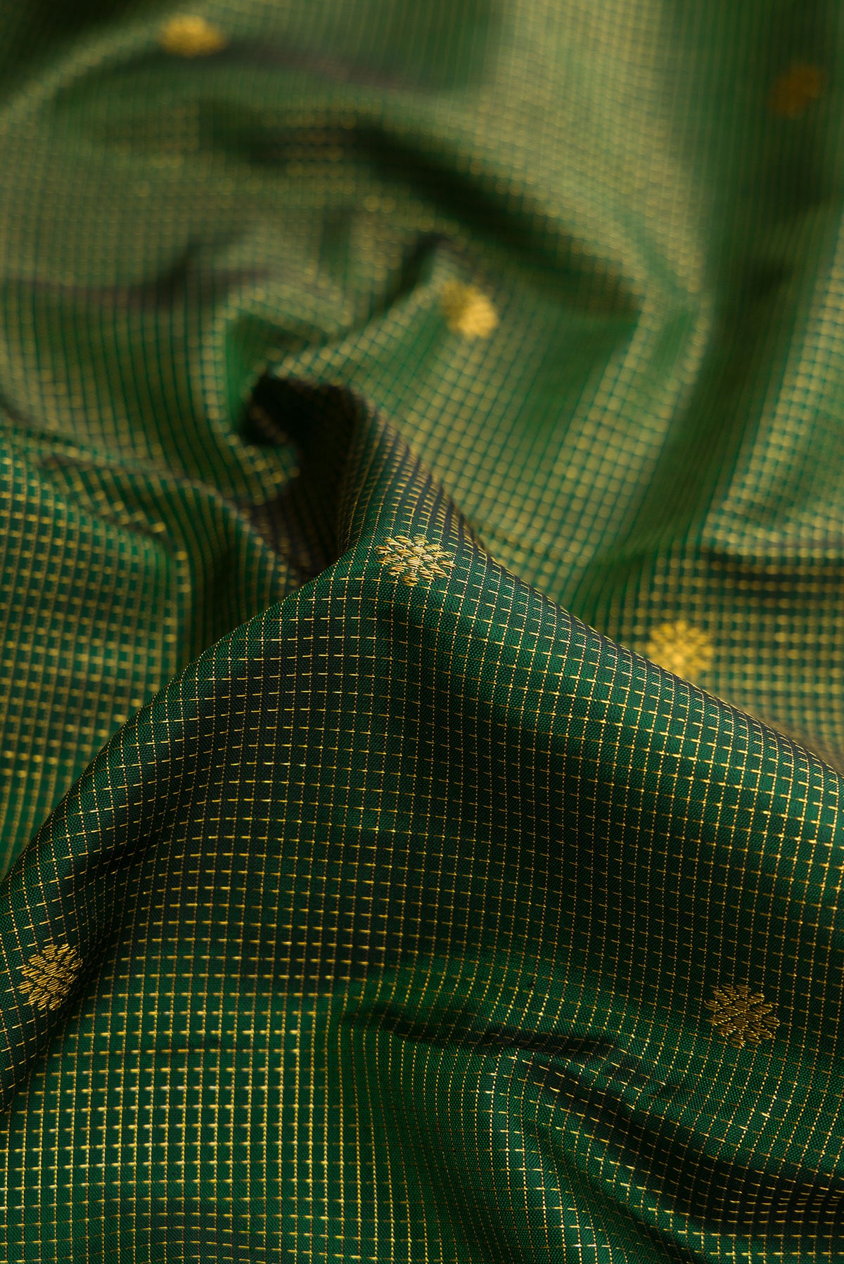 Close up of Green Dual Tone Kanchipuram Silk Saree with Zari Brocade on the body and Zari Border.  displaying folds
