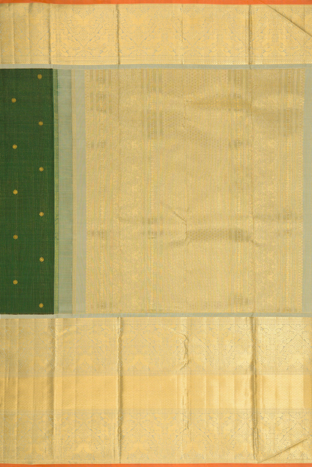 Close up image of the pallu of Green Dual Tone Kanchipuram Silk Saree with Zari Brocade on the body and Zari Border. 