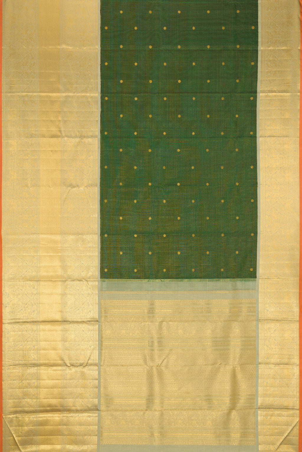 Flat view of Green Dual Tone Kanchipuram Silk Saree with Zari Brocade on the body and Zari Border. 