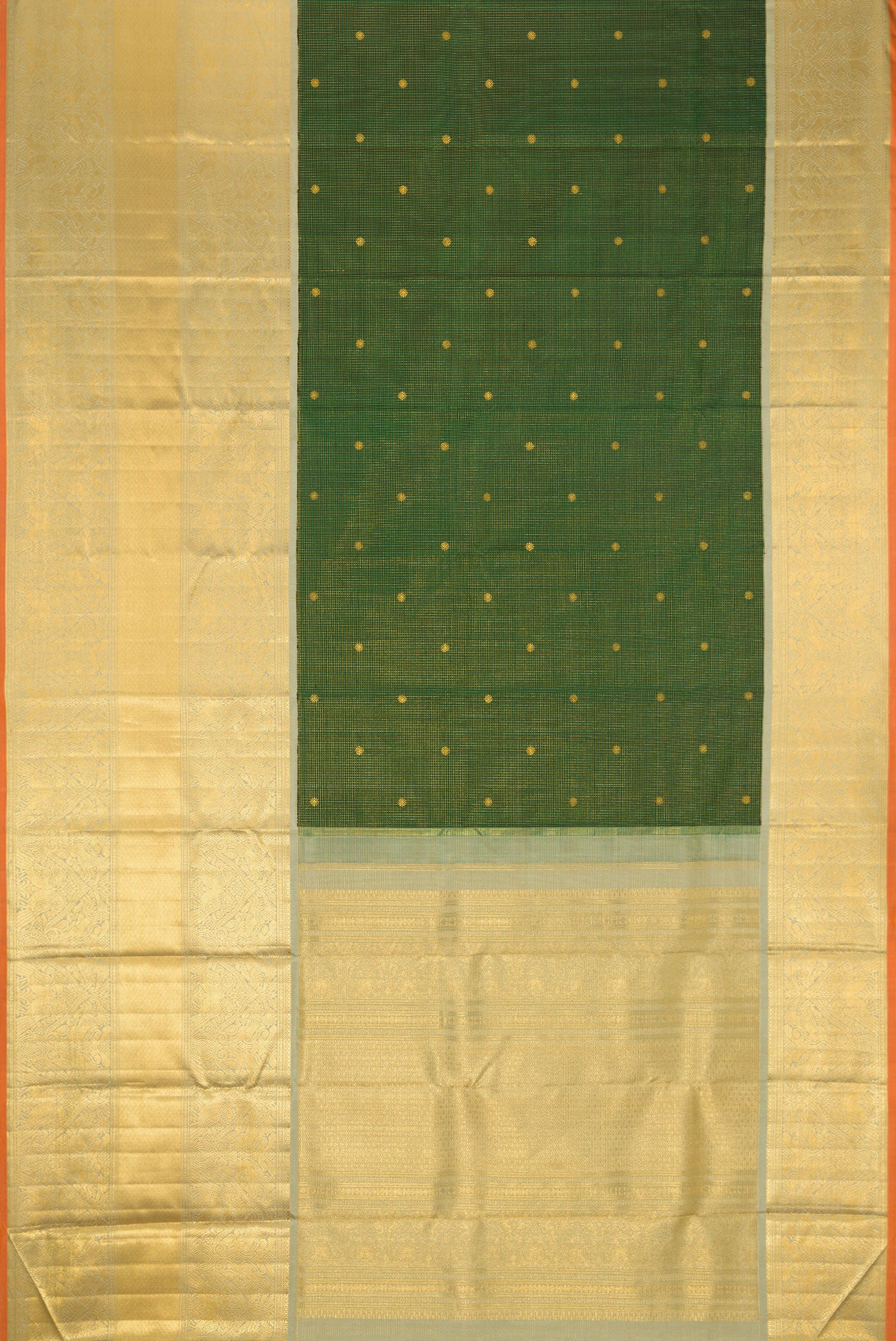 Flat view of Green Dual Tone Kanchipuram Silk Saree with Zari Brocade on the body and Zari Border. 