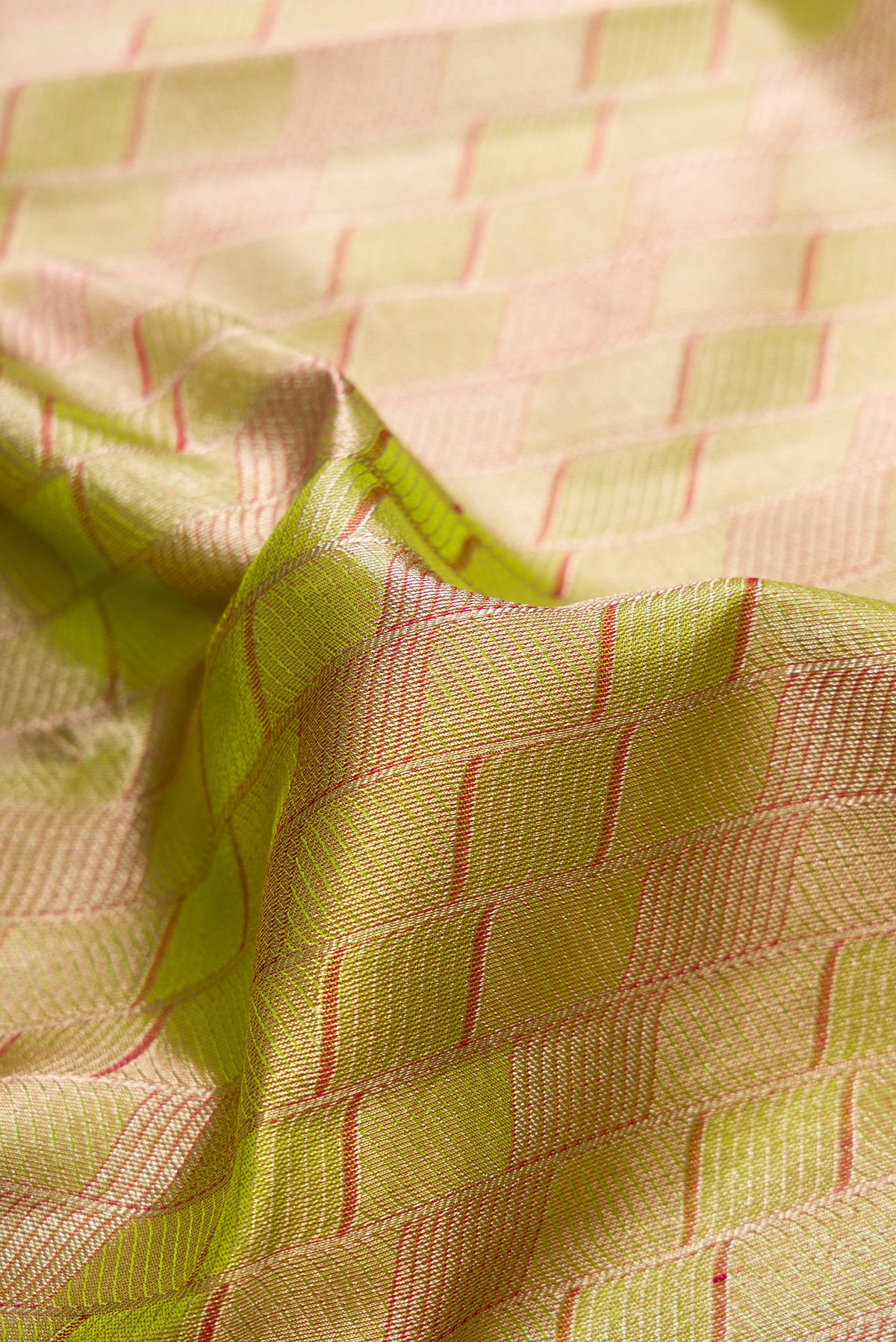 Close up of Parrot Green Dual Tone Kanjivaram Tissue Silk Saree with Zari Brocade on the body and Fancy Border.  displaying folds