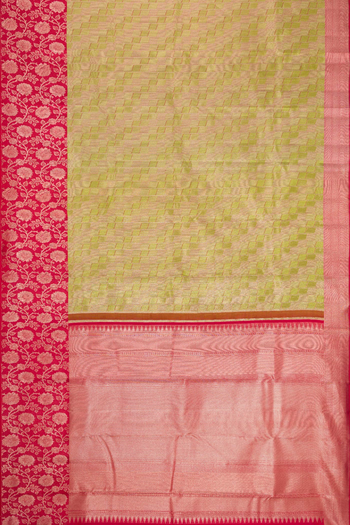 Flat view of Parrot Green Dual Tone Kanjivaram Tissue Silk Saree with Zari Brocade on the body and Fancy Border. 
