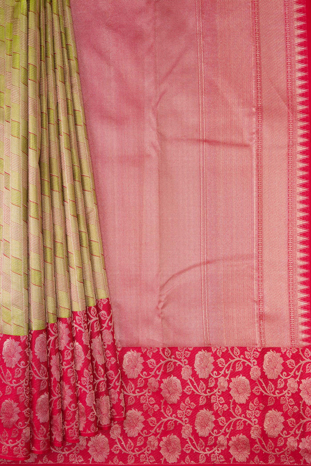Pleats and pallu of Parrot Green Dual Tone Kanjivaram Tissue Silk Saree with Zari Brocade on the body and Fancy Border. 