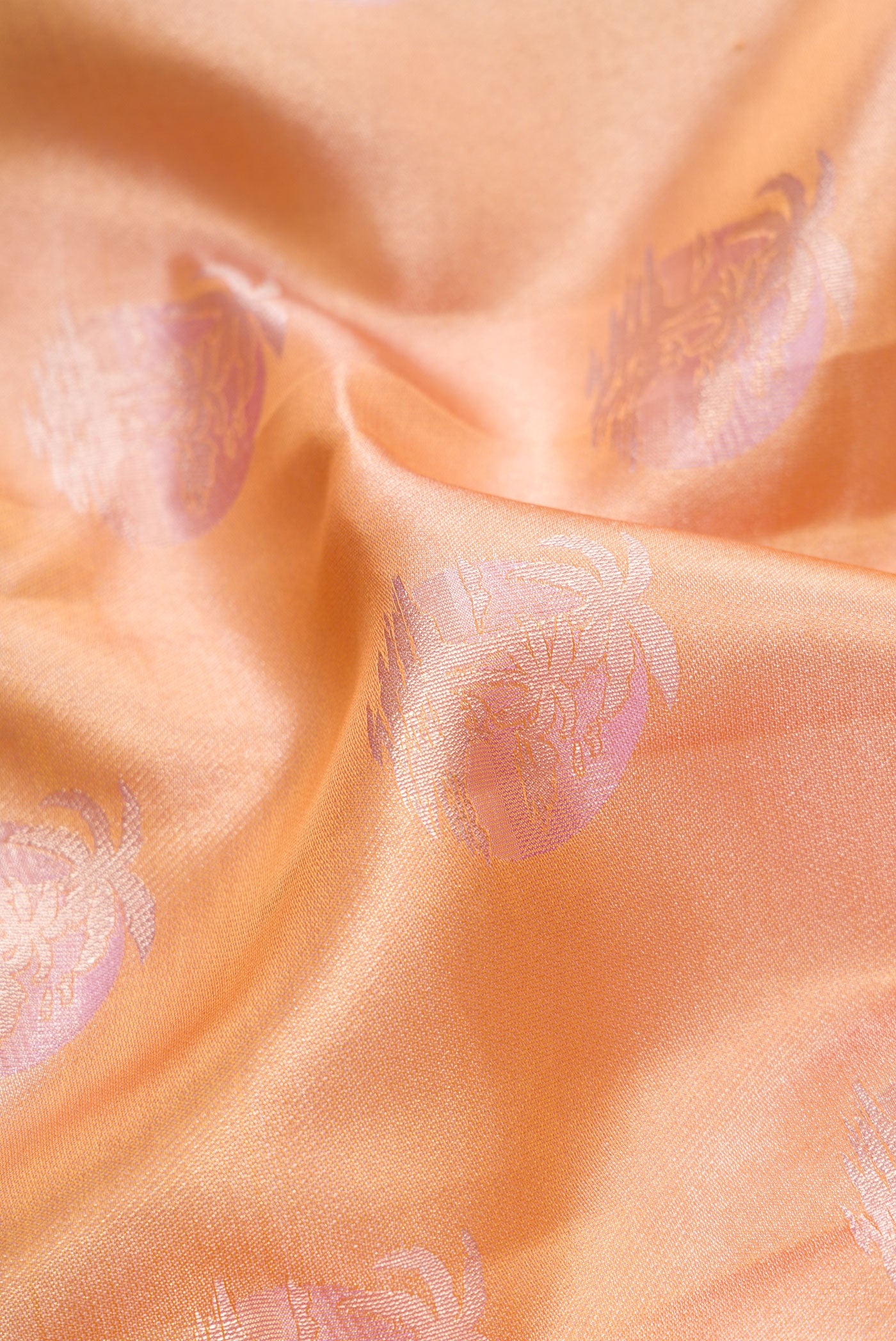 Close up of Gold Dual Tone Kanjivaram Tissue Silk Saree with Zari Brocade on the body and Fancy Border.  displaying folds