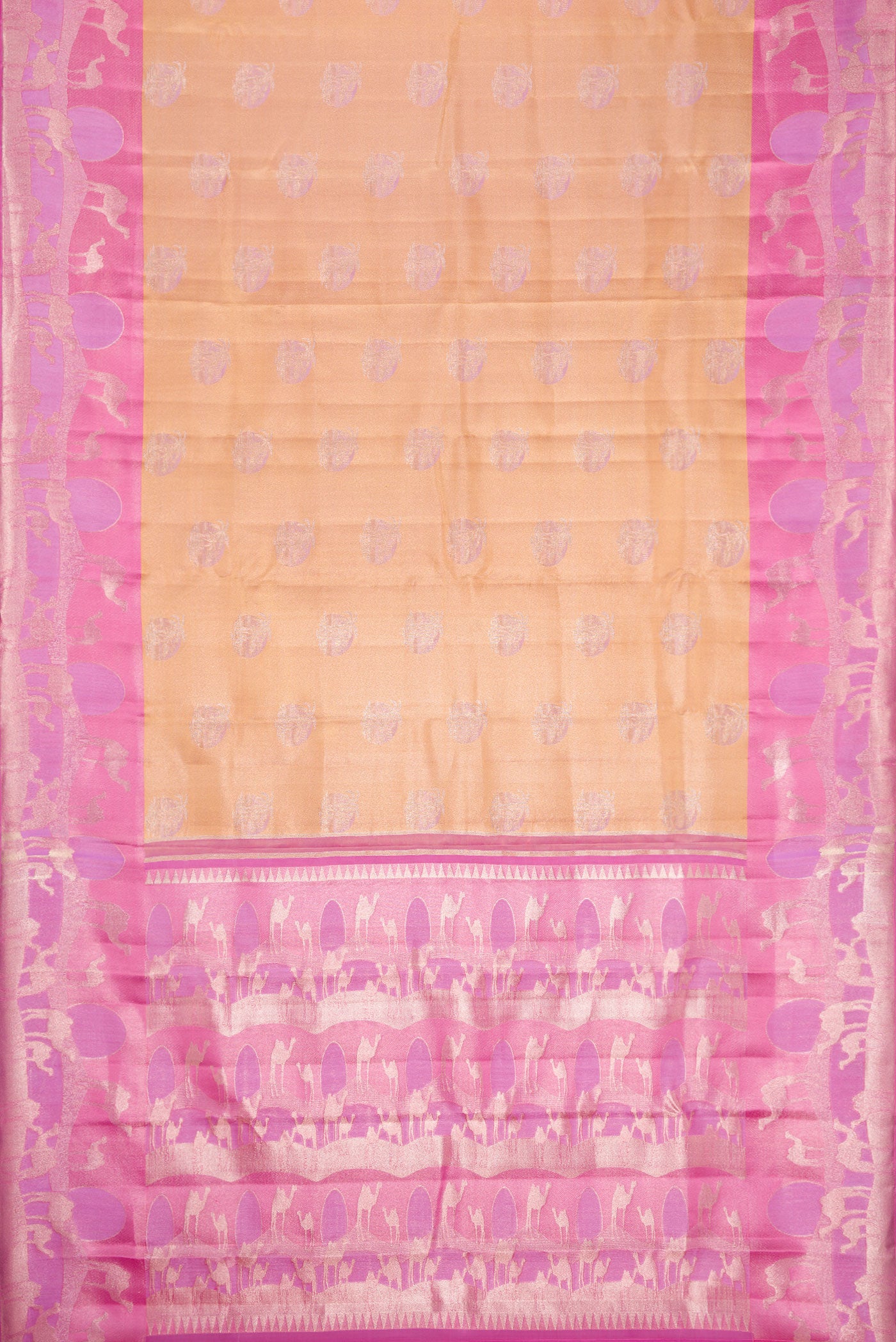 Flat view of Gold Dual Tone Kanjivaram Tissue Silk Saree with Zari Brocade on the body and Fancy Border. 