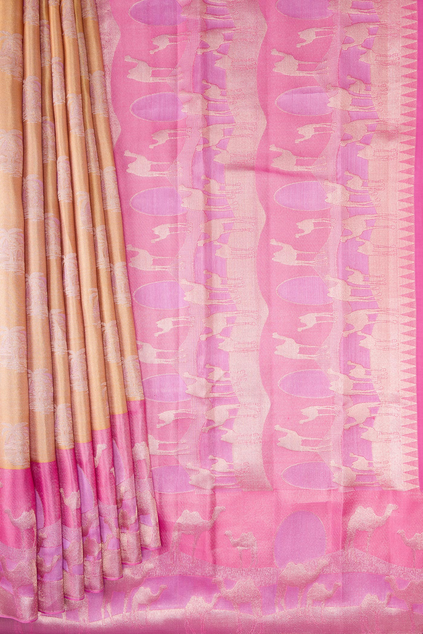 Pleats and pallu of Gold Dual Tone Kanjivaram Tissue Silk Saree with Zari Brocade on the body and Fancy Border. 