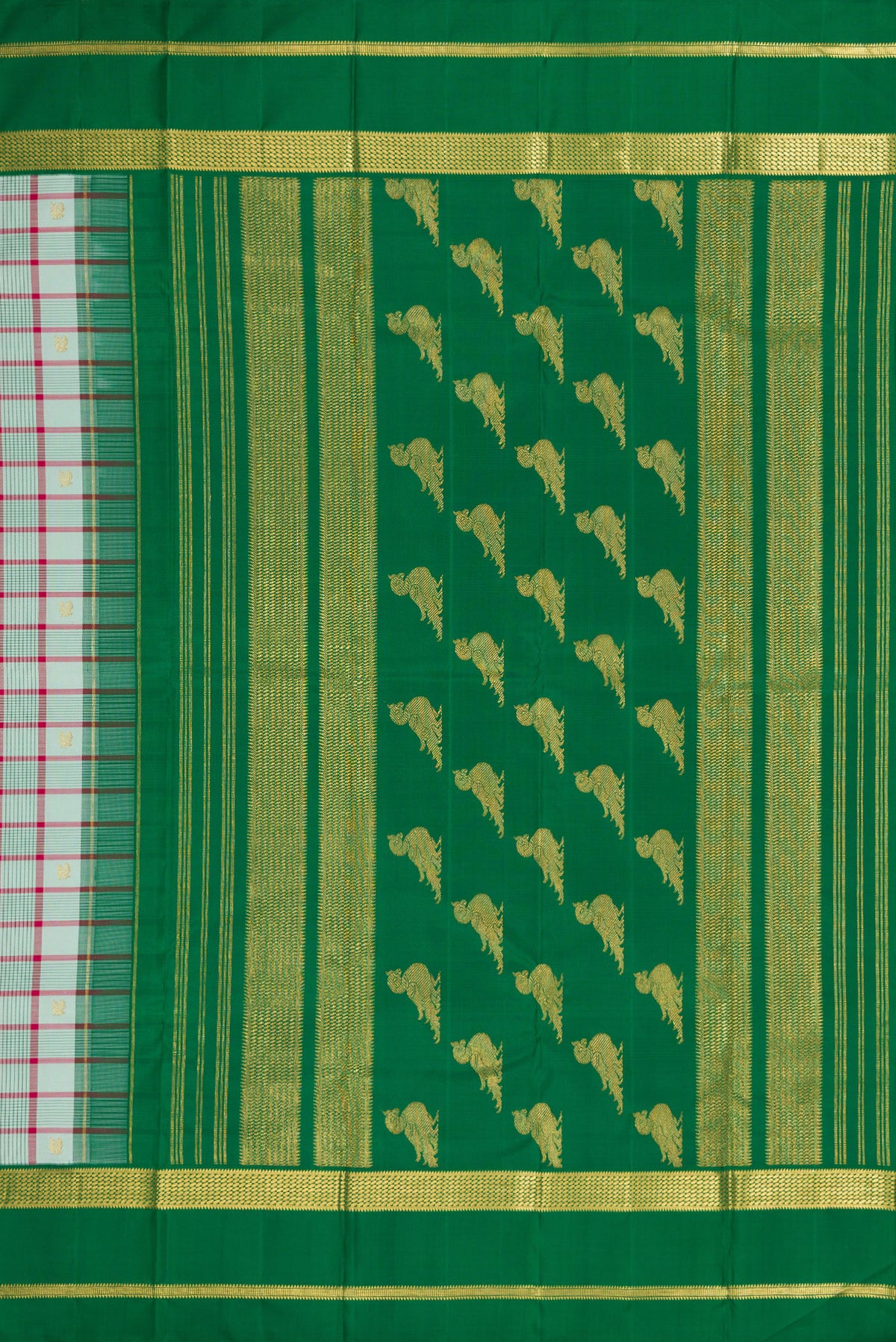 Close up image of the pallu of Pure Silk Pure Zari Sky Blue Dual Tone Kanjivaram Saree with Checked design on the body and Zari Border. 