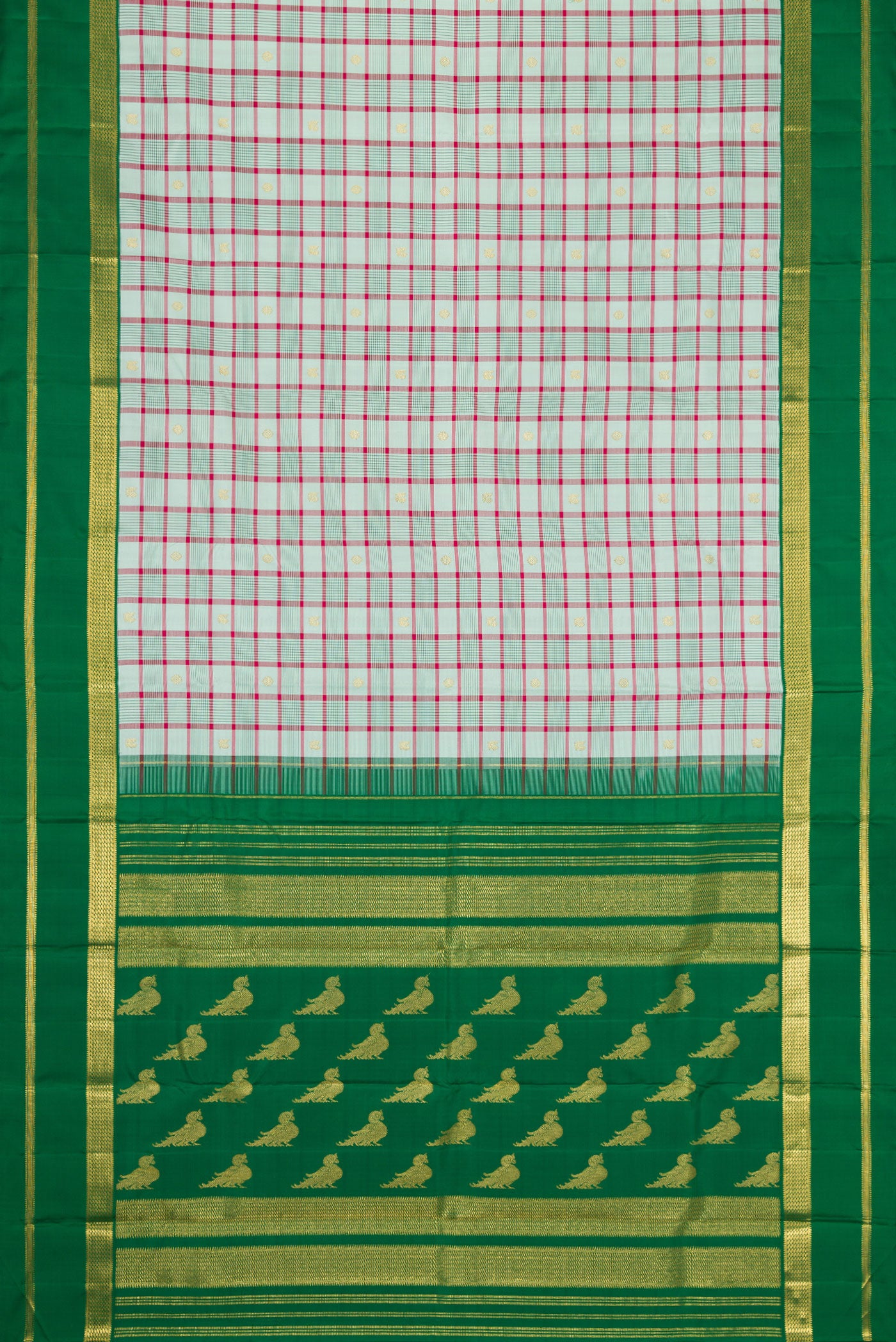 Flat view of Pure Silk Pure Zari Sky Blue Dual Tone Kanjivaram Saree with Checked design on the body and Zari Border. 