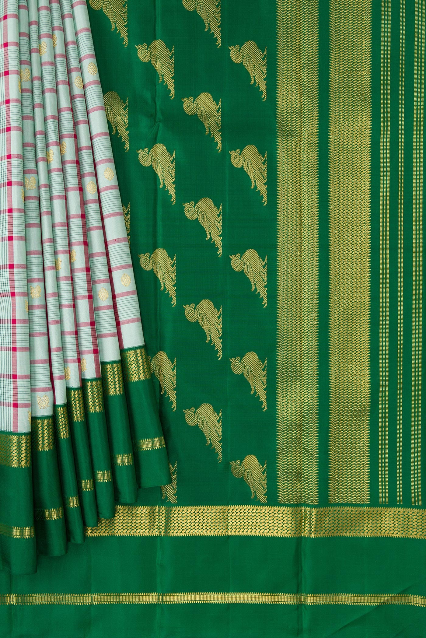 Pleats and pallu of Pure Silk Pure Zari Sky Blue Dual Tone Kanjivaram Saree with Checked design on the body and Zari Border. 