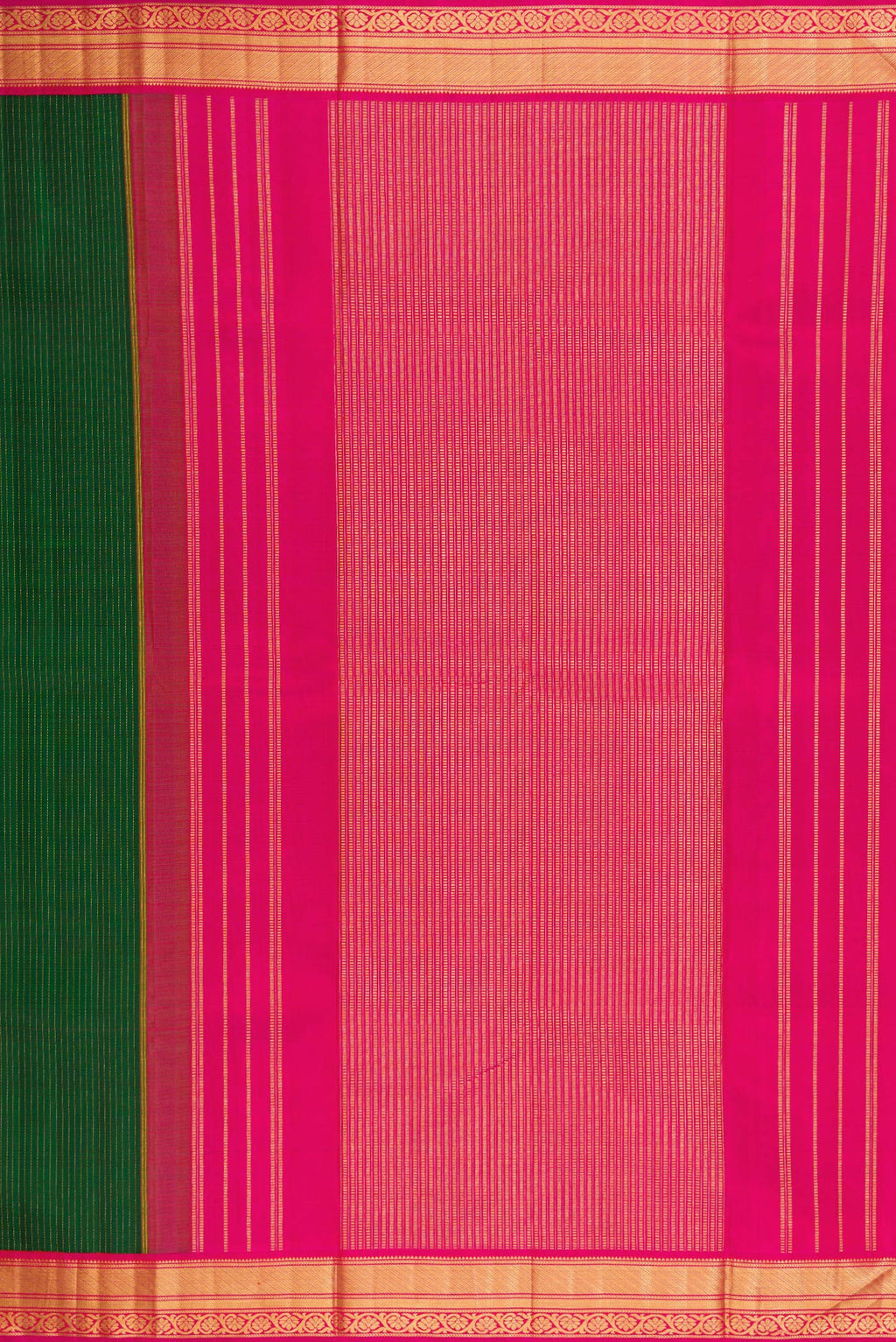 Close up image of the pallu of Green Dual Tone Kanjivaram Silk Saree with Stripes on the body and Zari Border. 