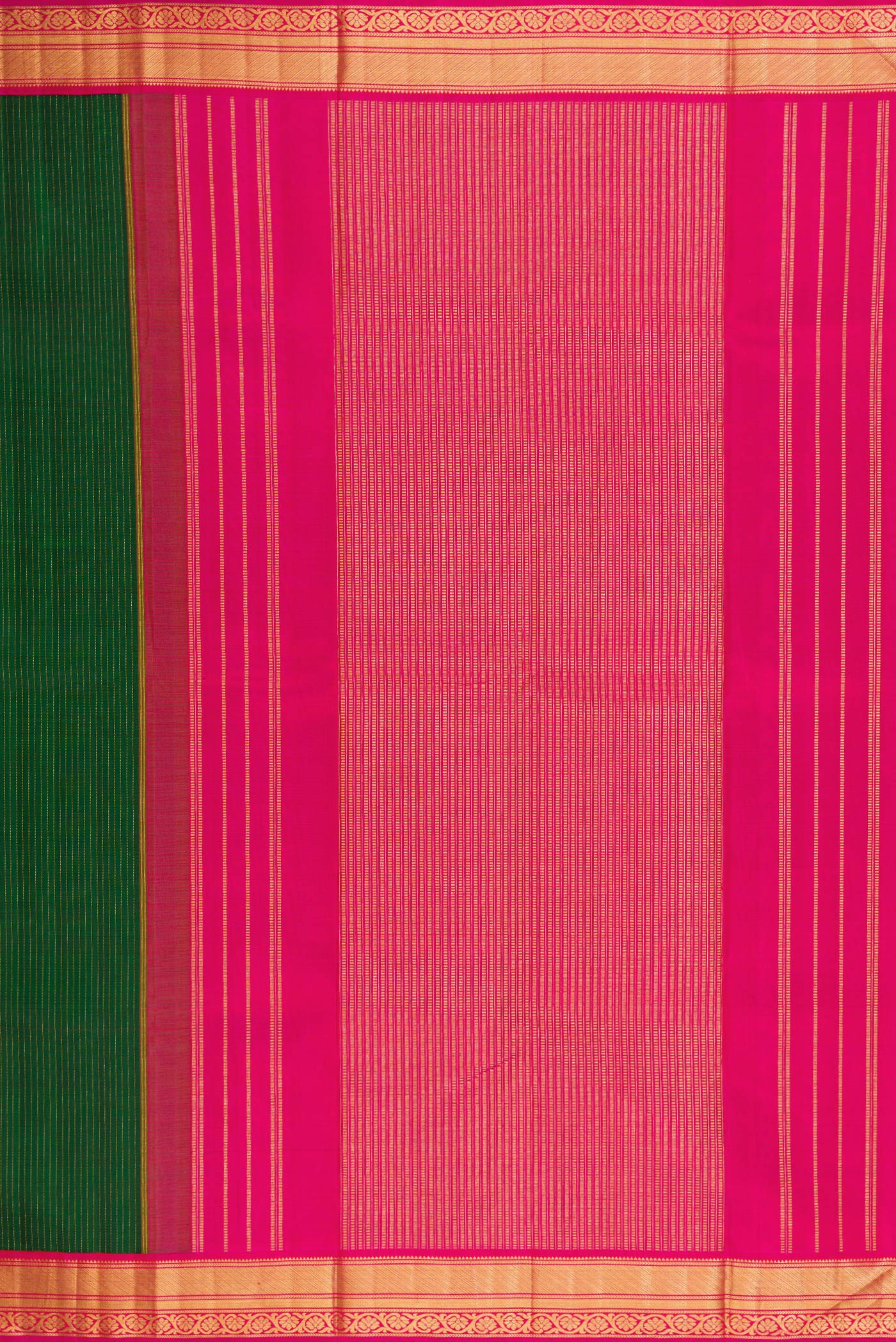 Close up image of the pallu of Green Dual Tone Kanjivaram Silk Saree with Stripes on the body and Zari Border. 