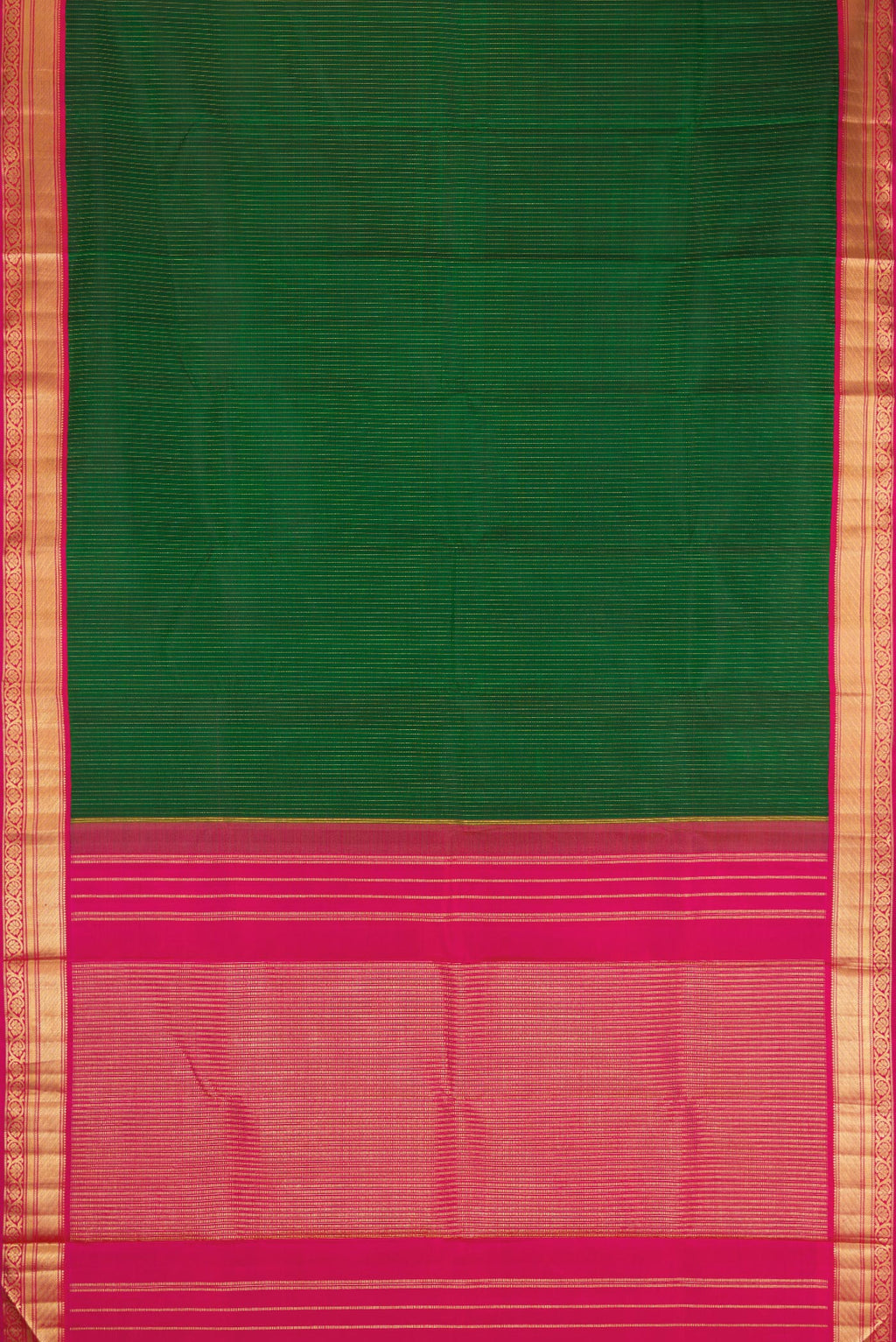 Flat view of Green Dual Tone Kanjivaram Silk Saree with Stripes on the body and Zari Border. 