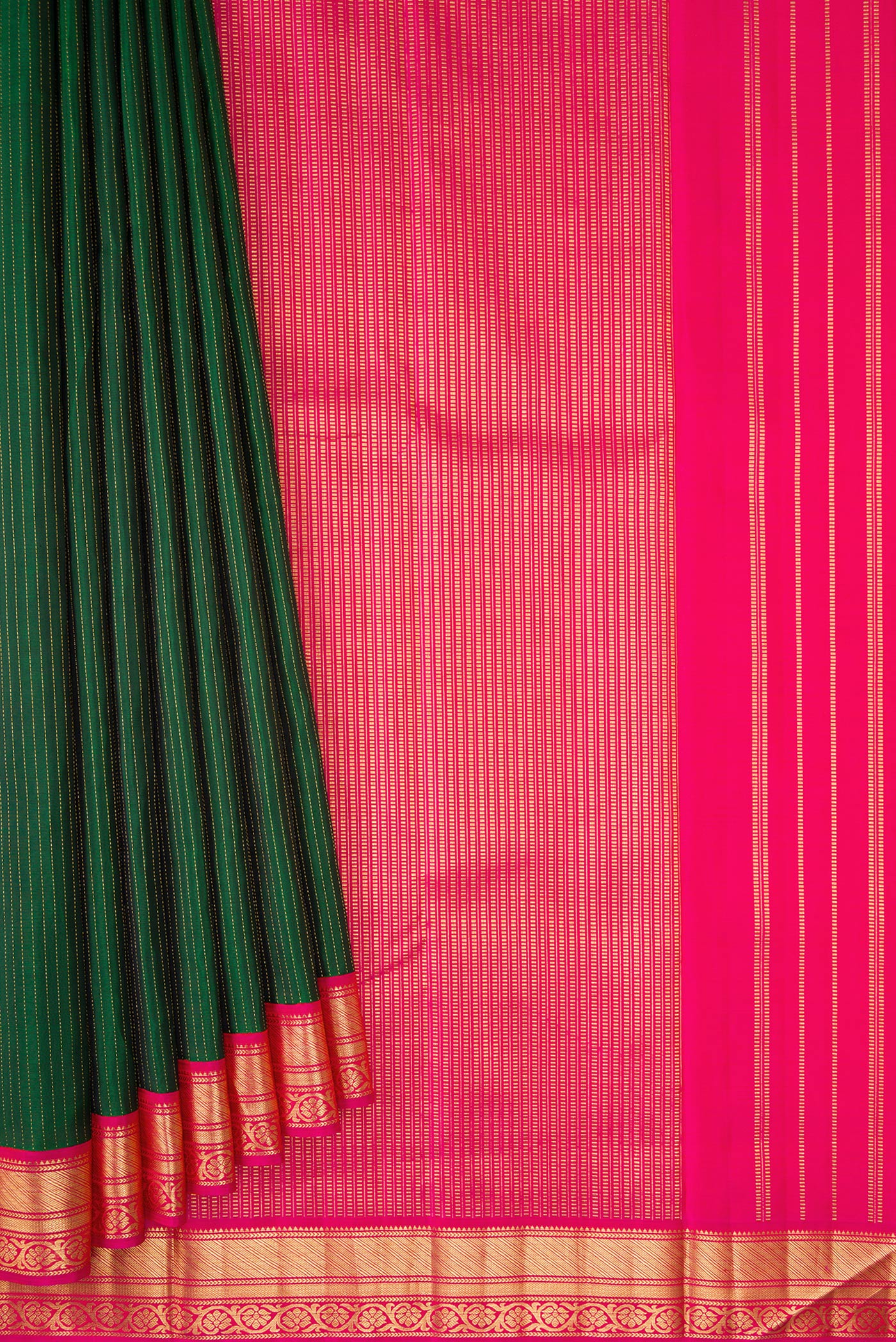Pleats and pallu of Green Dual Tone Kanjivaram Silk Saree with Stripes on the body and Zari Border. 