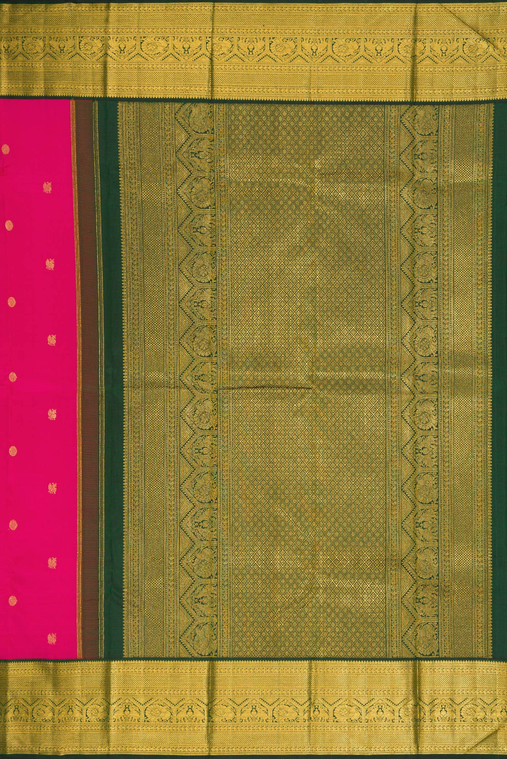 Close up image of the pallu of Pink Dual Tone Kanchipuram Silk Saree with Zari Butta on the body and Zari Border. 
