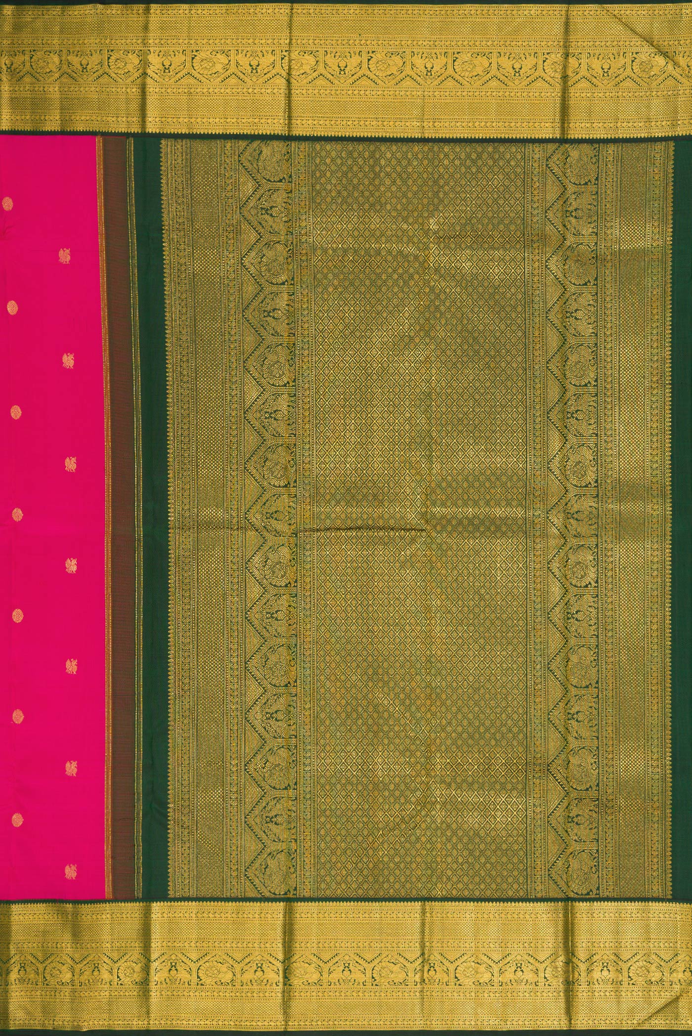 Close up image of the pallu of Pink Dual Tone Kanchipuram Silk Saree with Zari Butta on the body and Zari Border. 